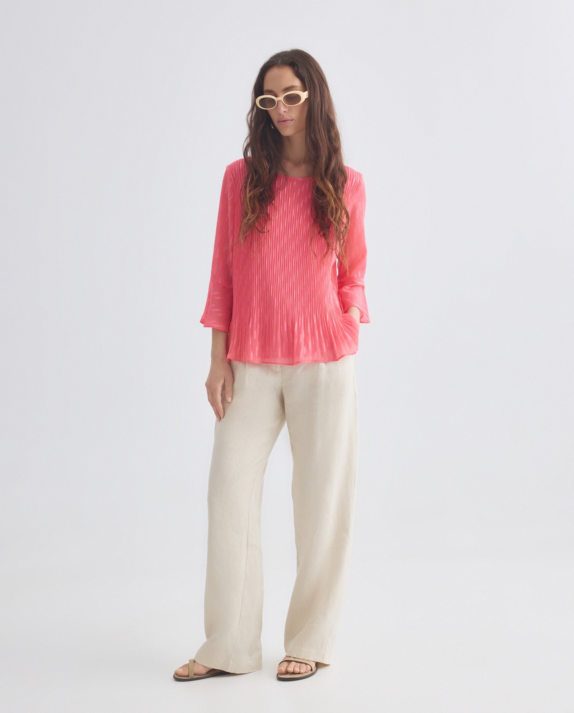 Blusa Lisa Plissada com Manga 3/4 Coral-2