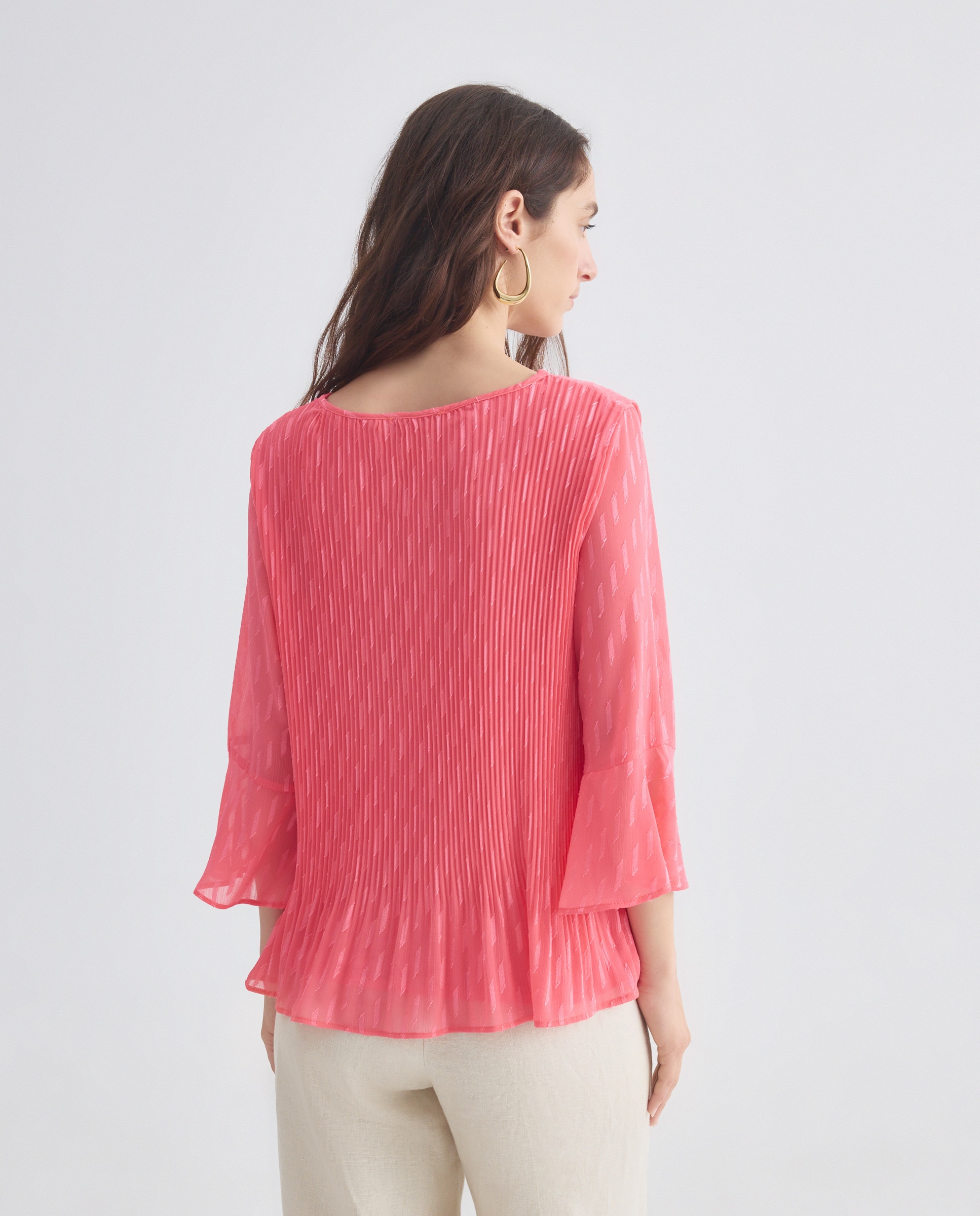 Blusa Lisa Plissada com Manga 3/4 Coral-3
