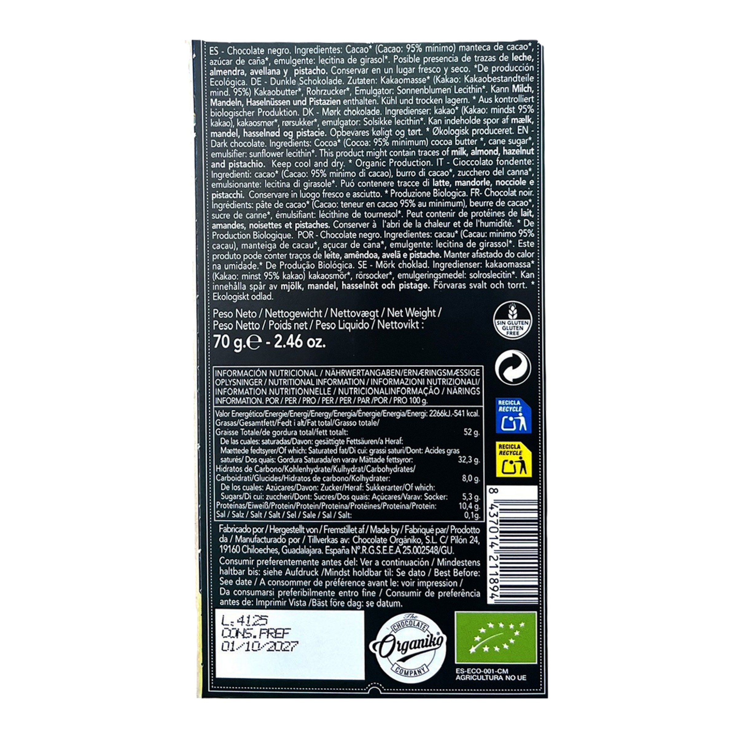 Tableta de chocolate negro 95% cacao Chocolate Organiko 2
