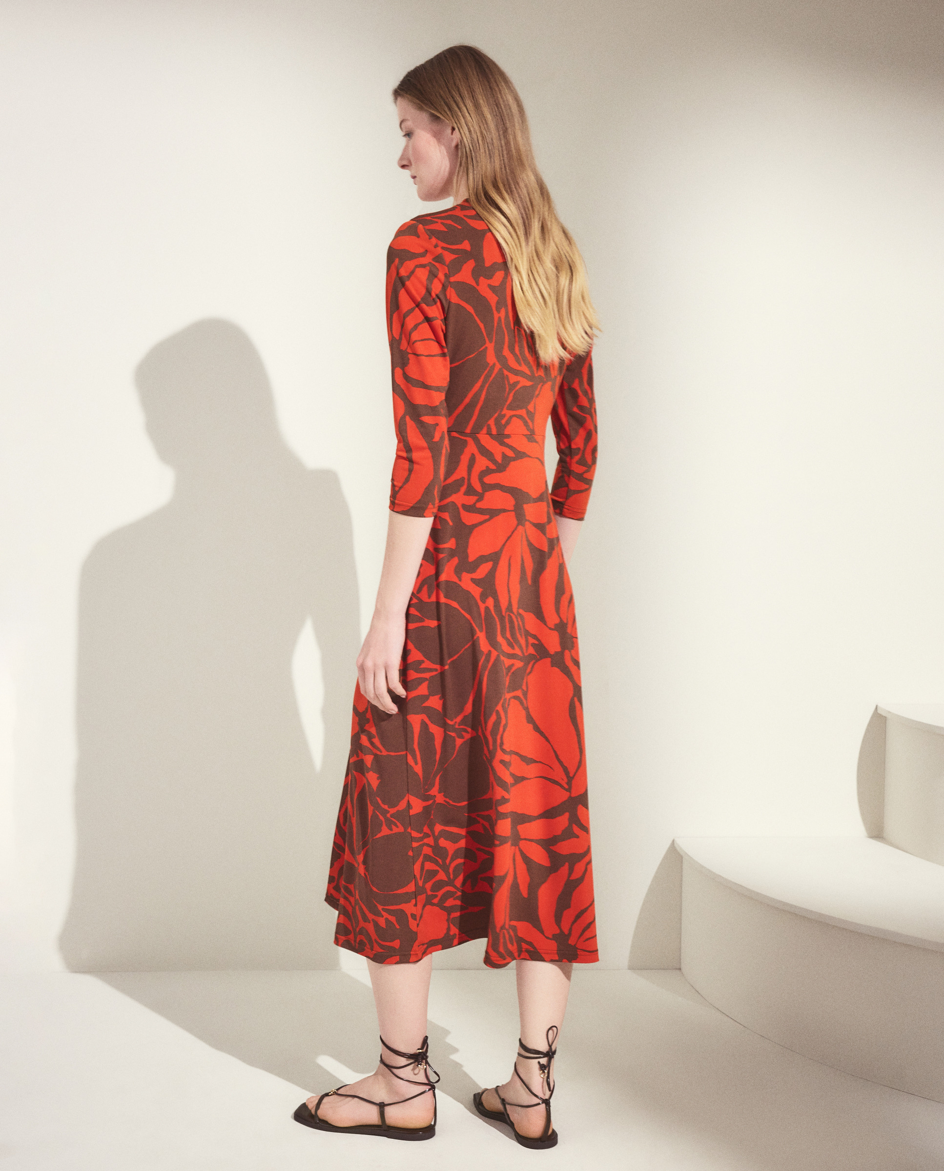 Vestido Midi com Manga Comprida e Estampado Floral Vermelho-3