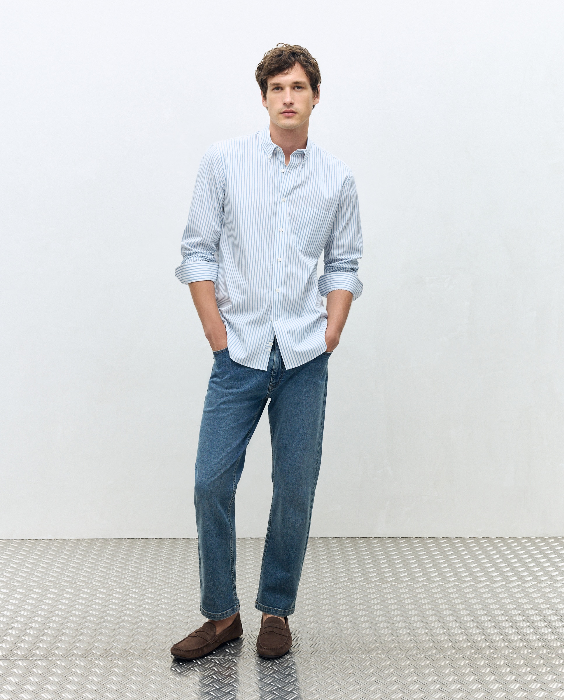 Camisa de Popelina com Padrão Clássico Azul-2