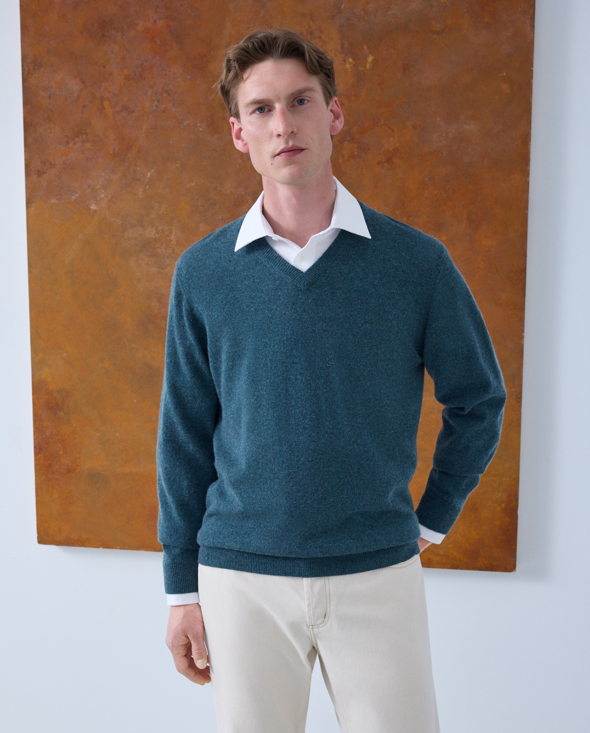 Jersey de hombre de cuello pico liso cashmere - Emidio Tucci - Verde Verde-1