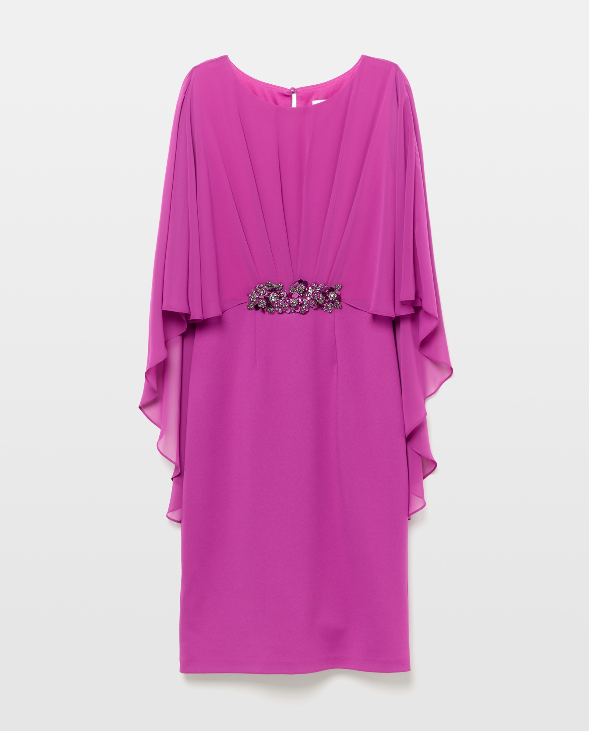 Vestido Curto Elástico com Capa e Pregadeira na Cintura Buganvília-5