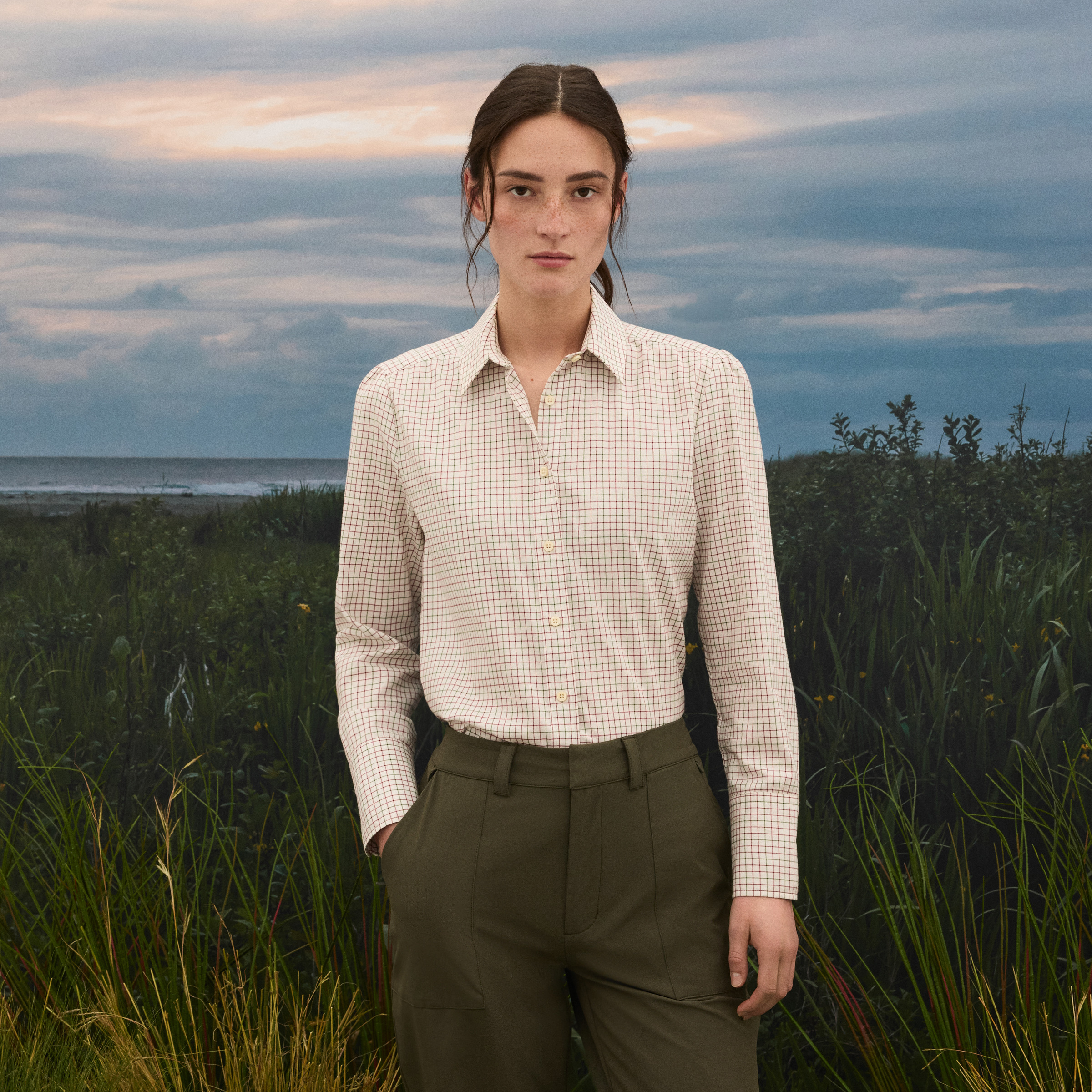 Camisa aos quadrados de mulher Verde-1