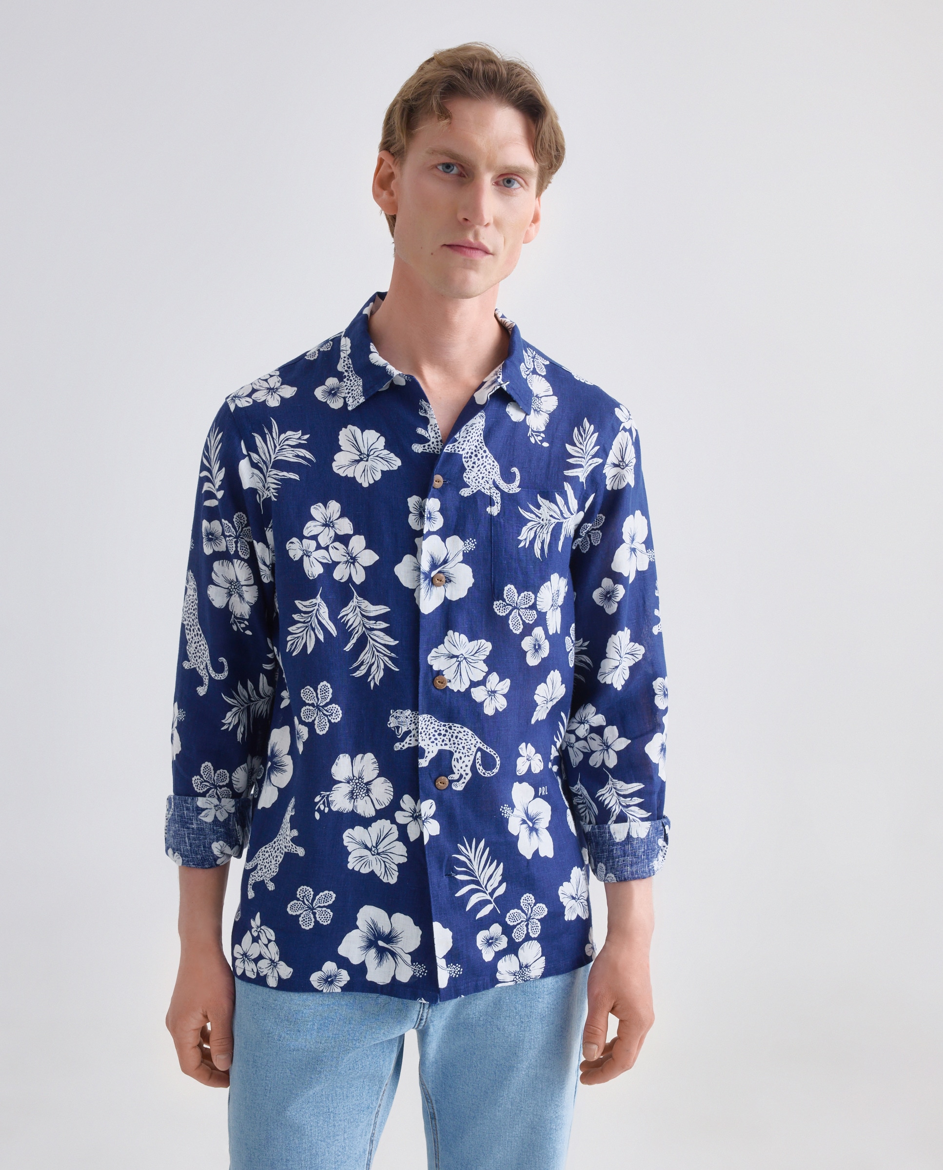 Camisa de Linho com Estampado Azul-cobalto-1