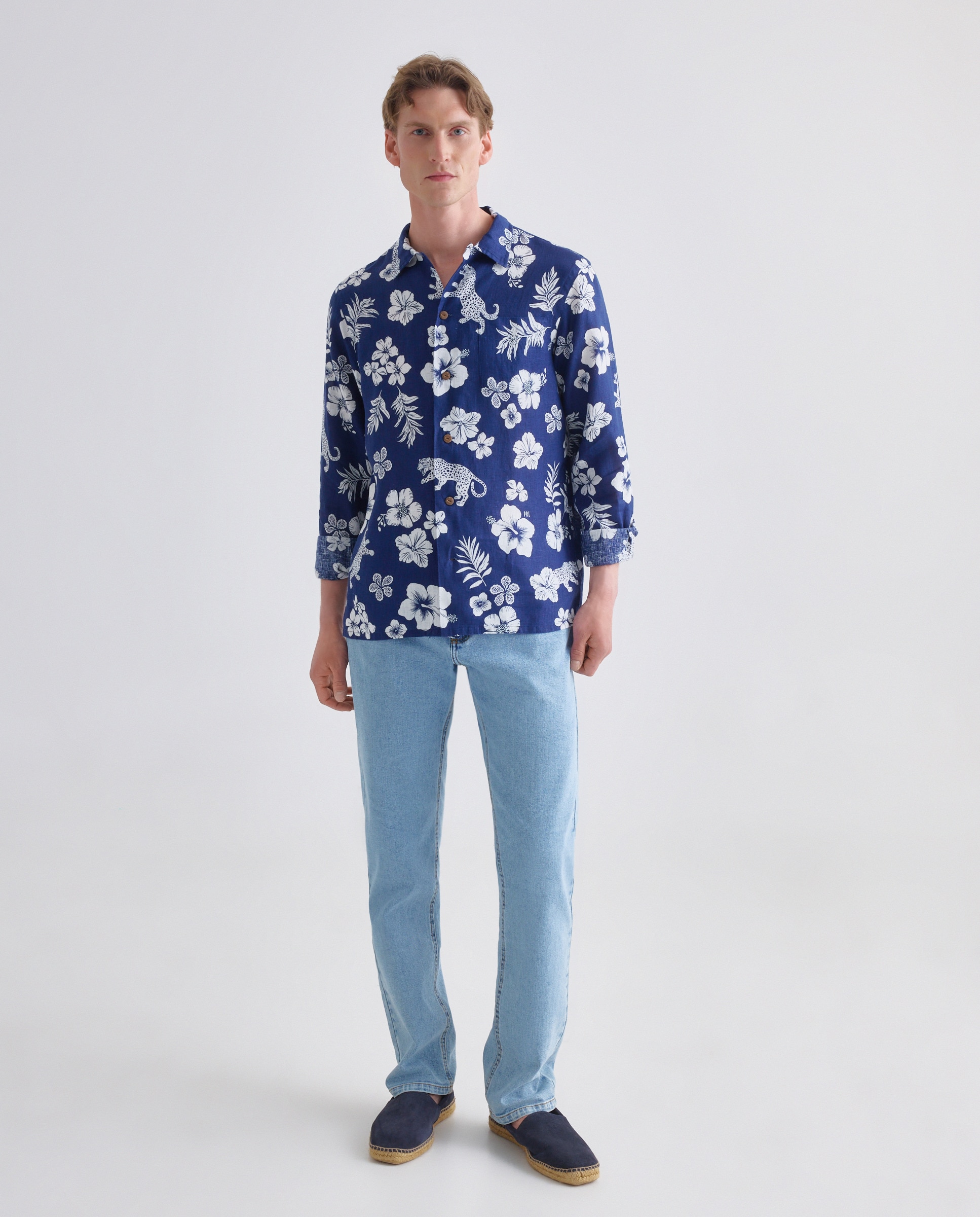 Camisa de Linho com Estampado Azul-cobalto-2