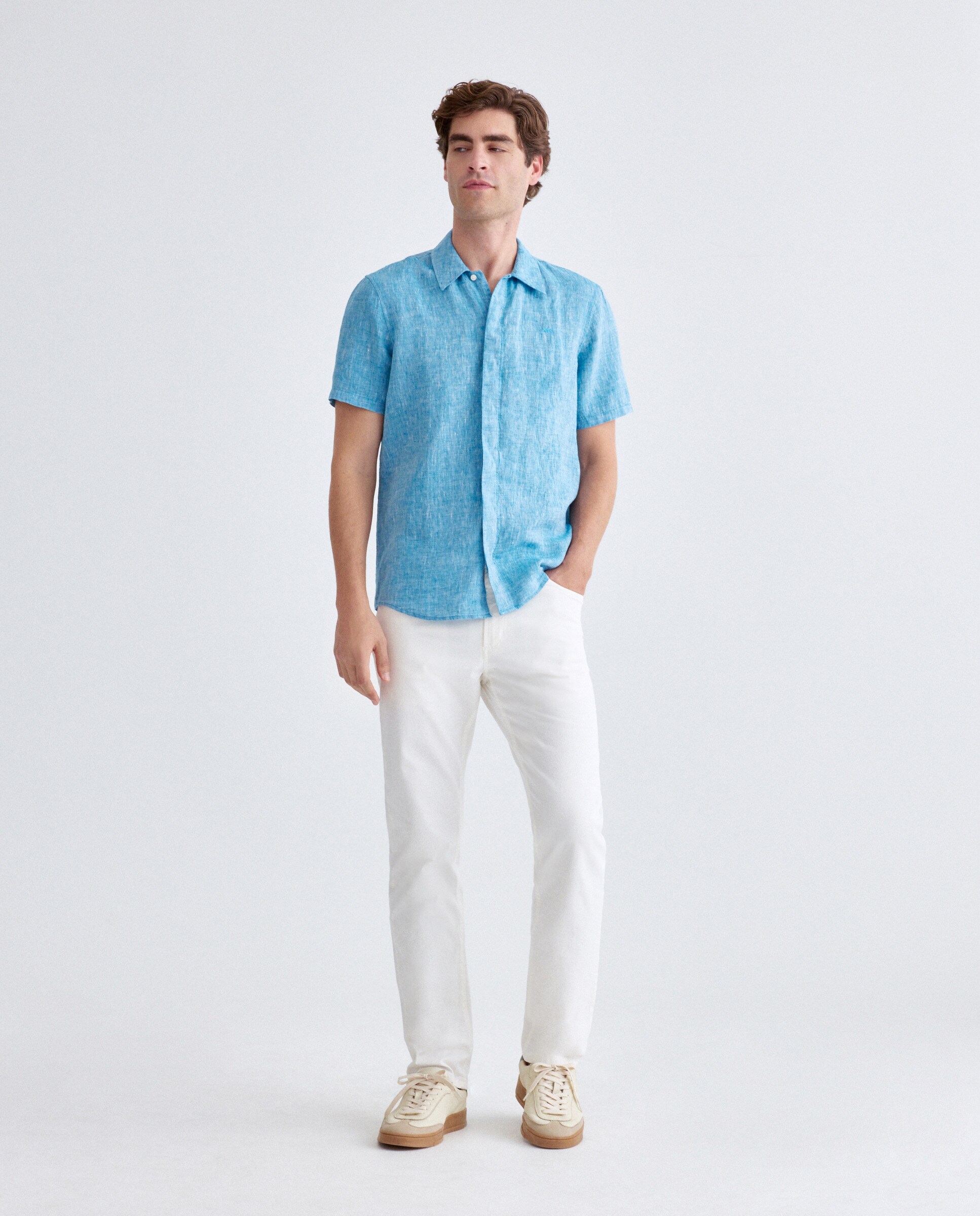 Camisa de Linho Classic Fit com Manga Curta Turquesa-2