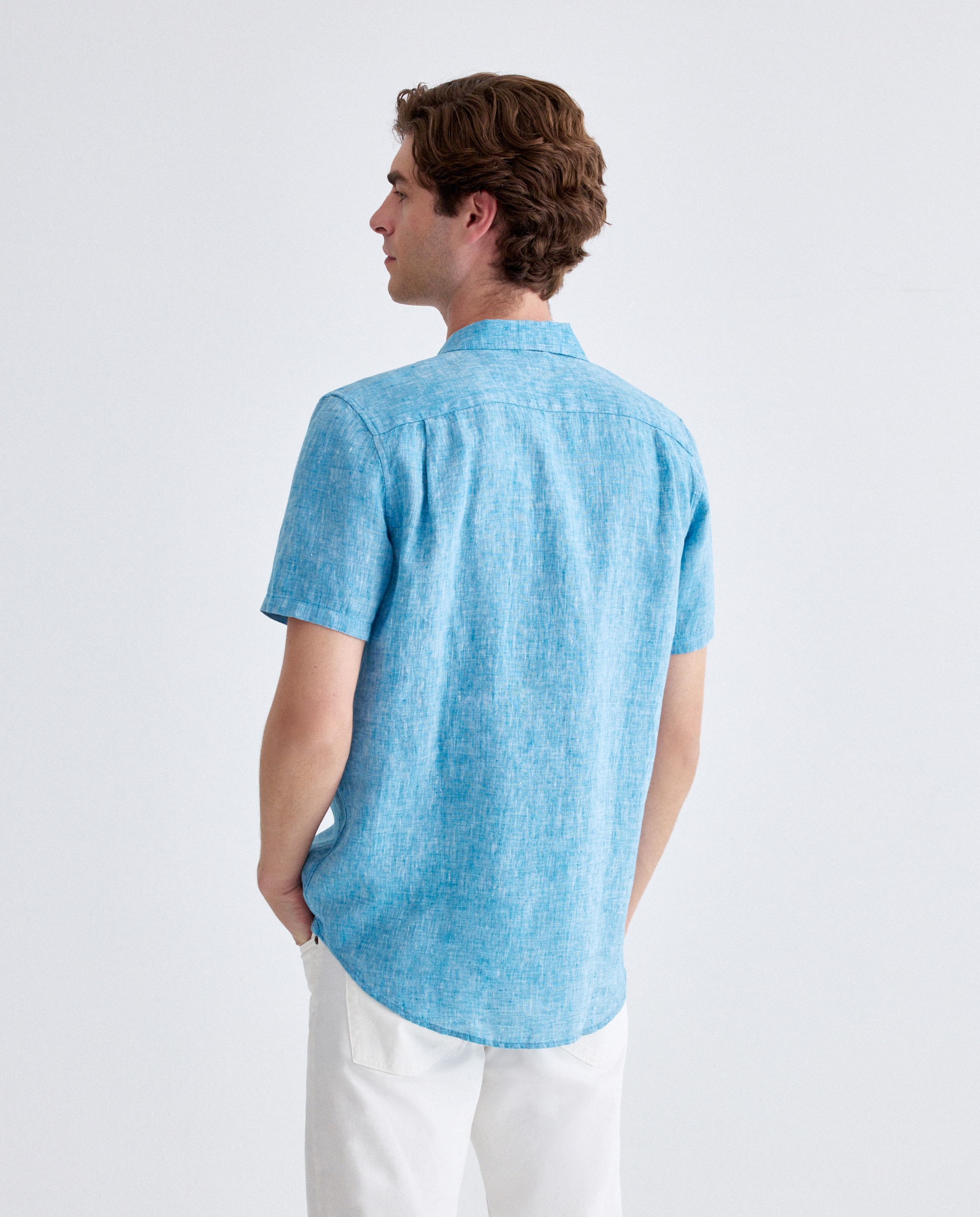 Camisa de Linho Classic Fit com Manga Curta Turquesa-3