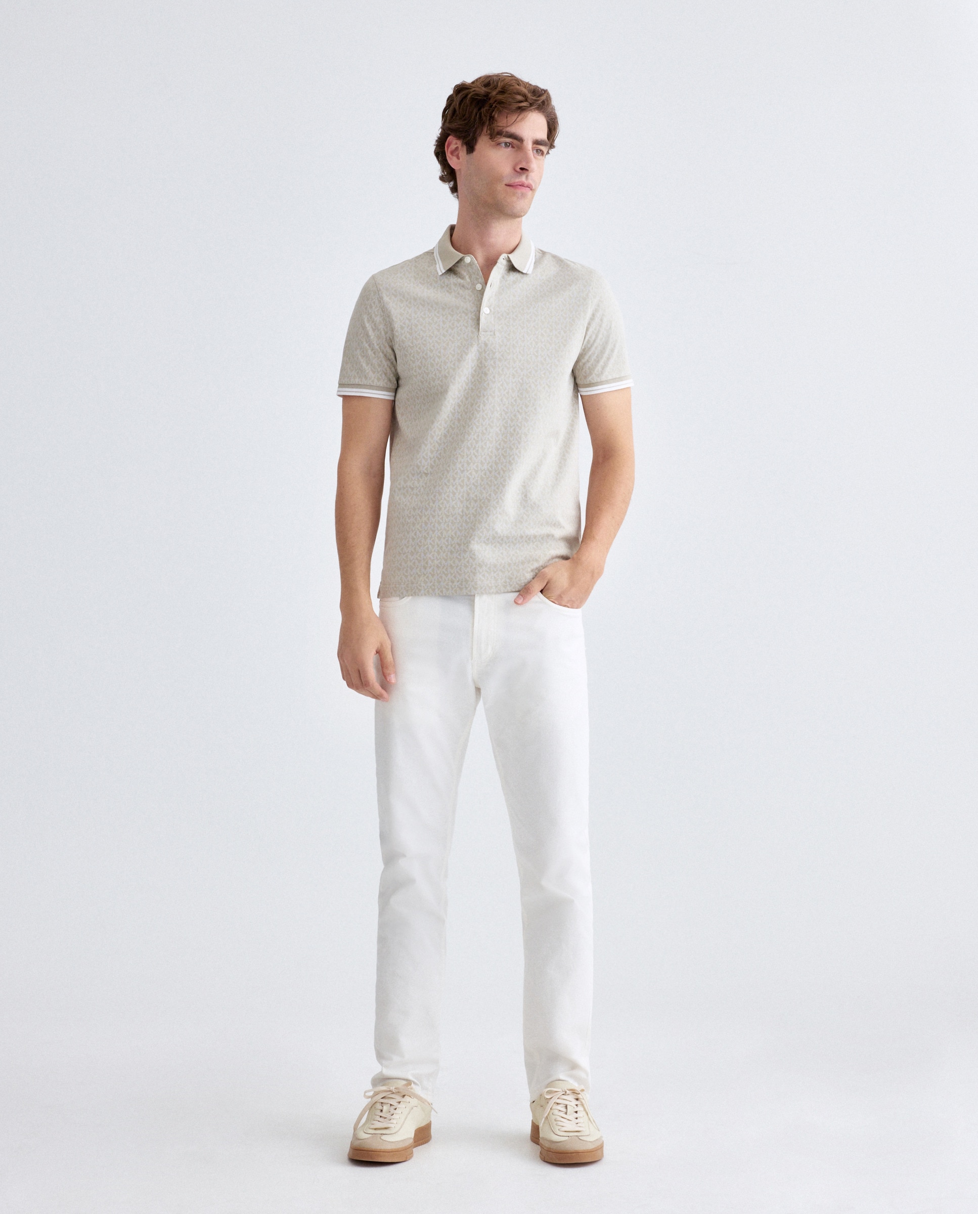 Polo de Manga Curta com Estampado de Logótipos Bege-2