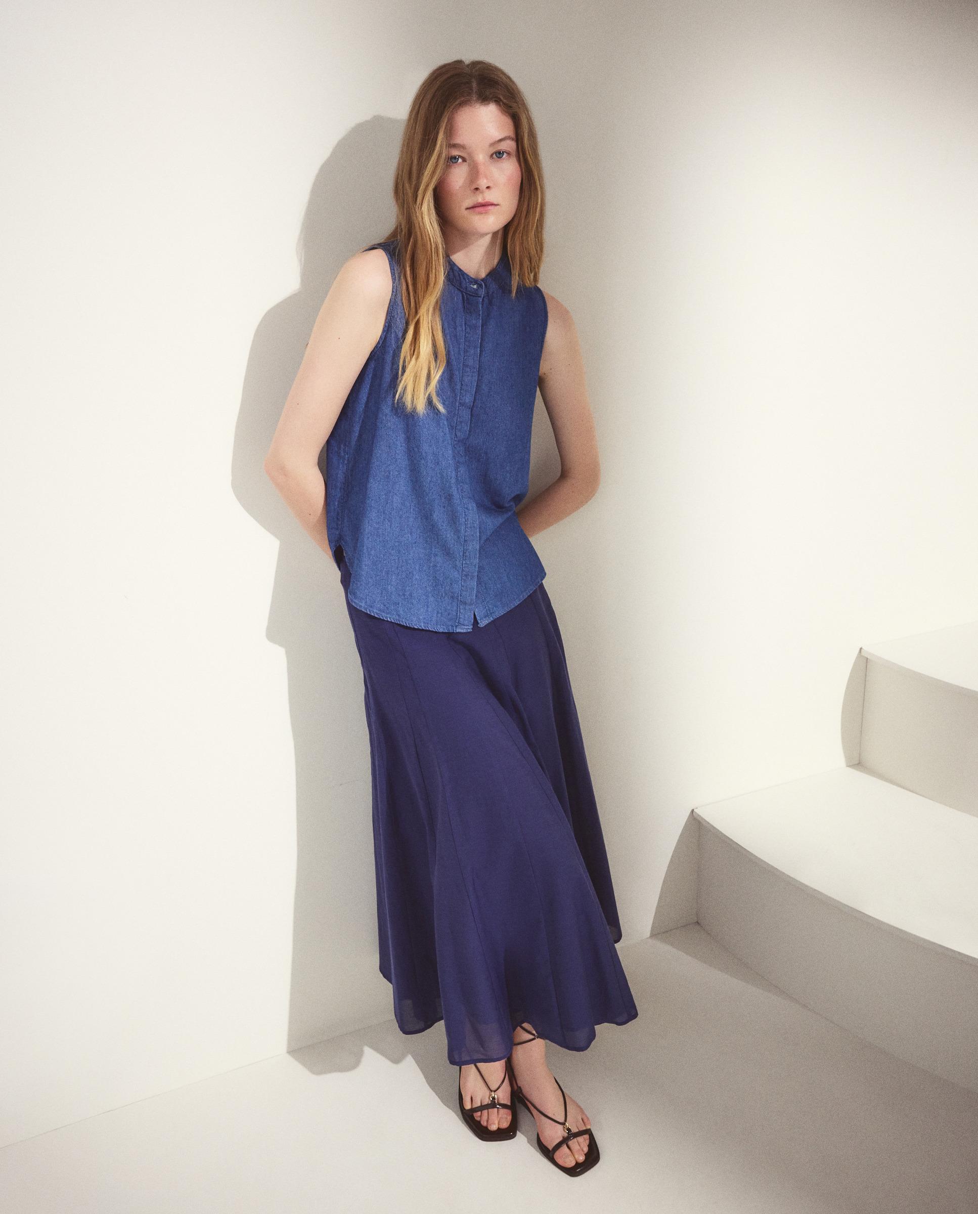 Blusa de Ganga com Gola à Padre Azul pálido-3