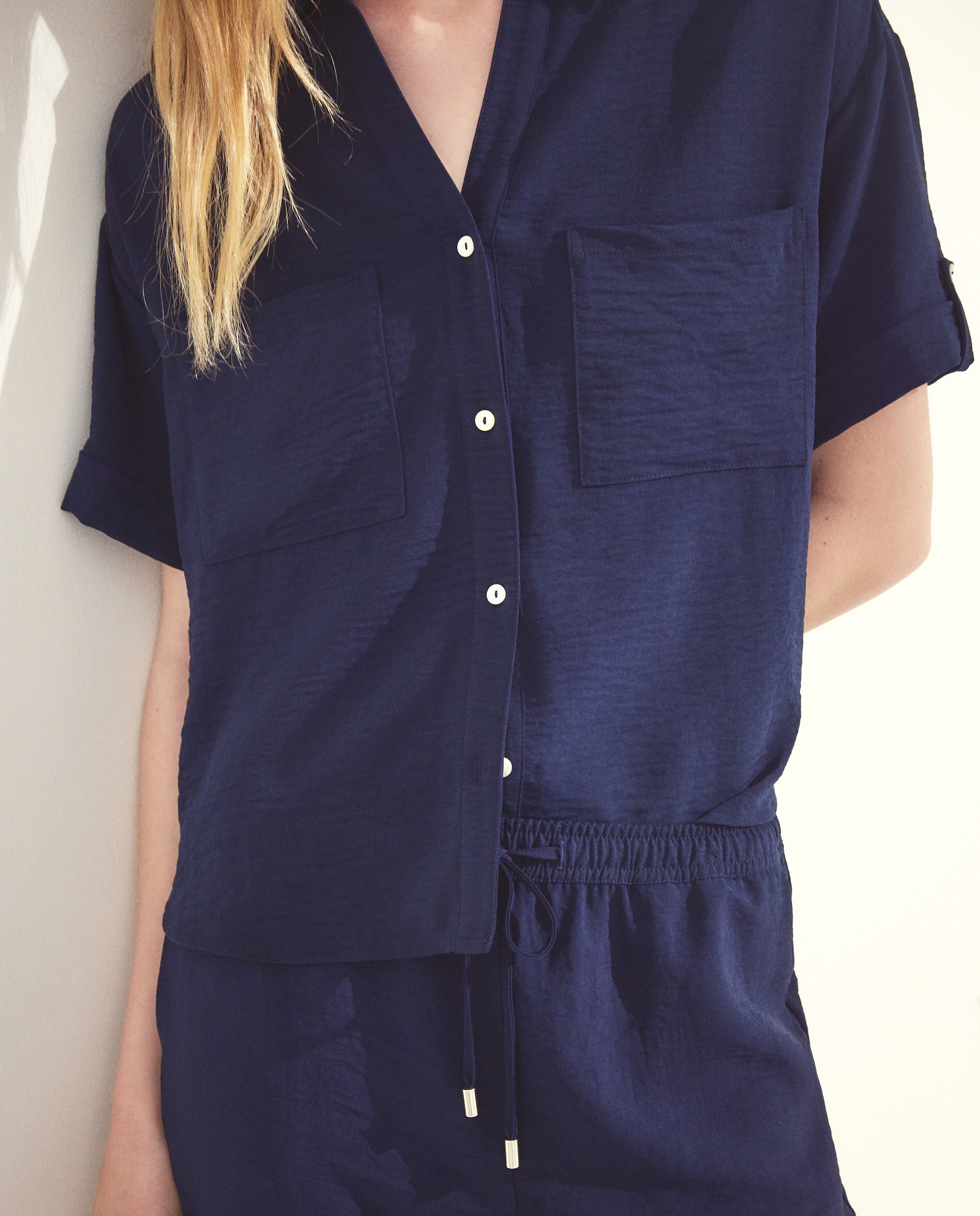 Blusa de Manga Curta e Colarinho de Camisa Azul-marinho-4