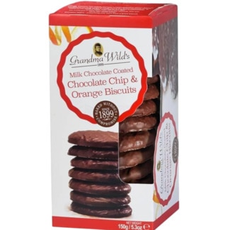 Bolachas Cobertas de Chocolate Chip & Onge embalagem 150 g - Grandma Wild's
