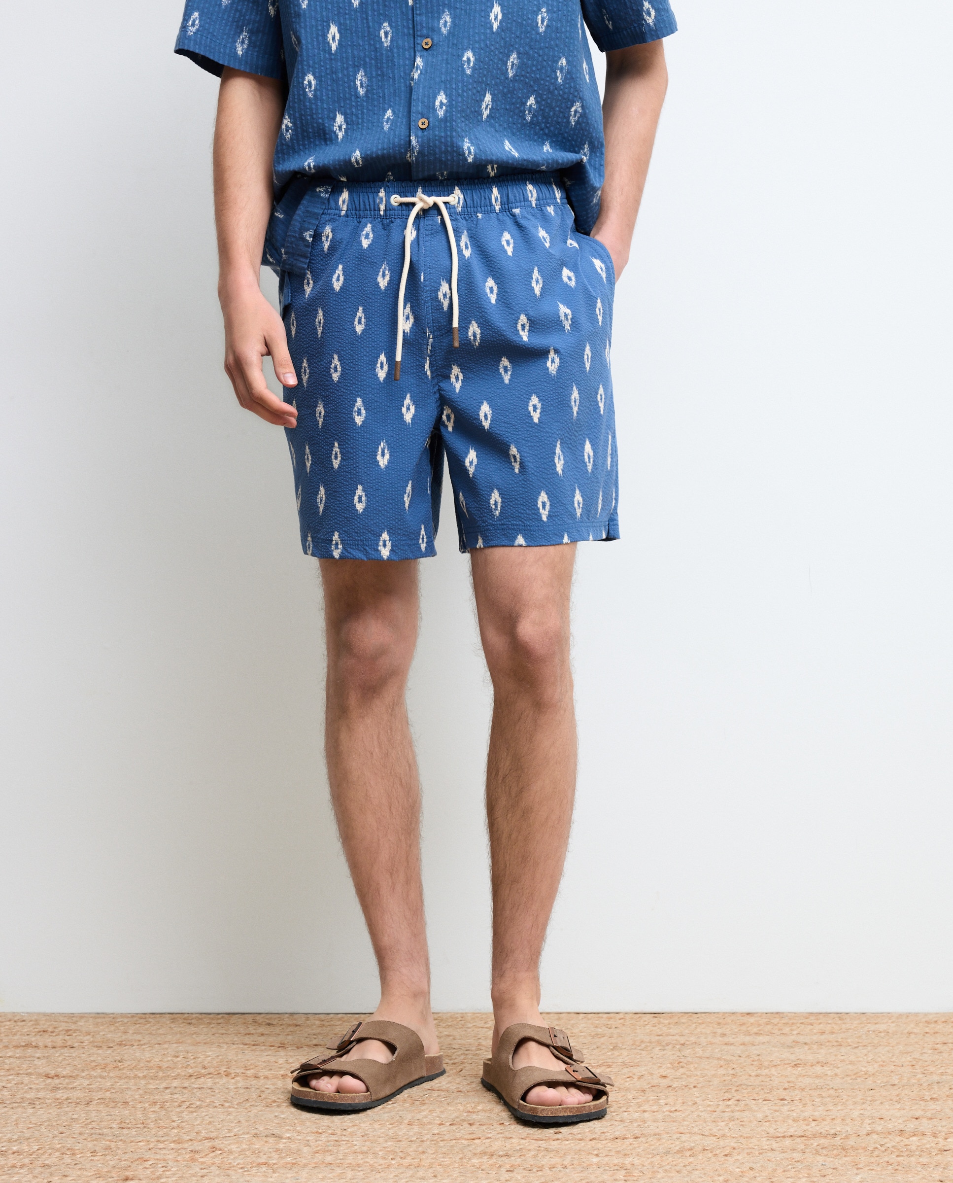 Calções de Banho de Seersucker com Estampado Azul-marinho-2