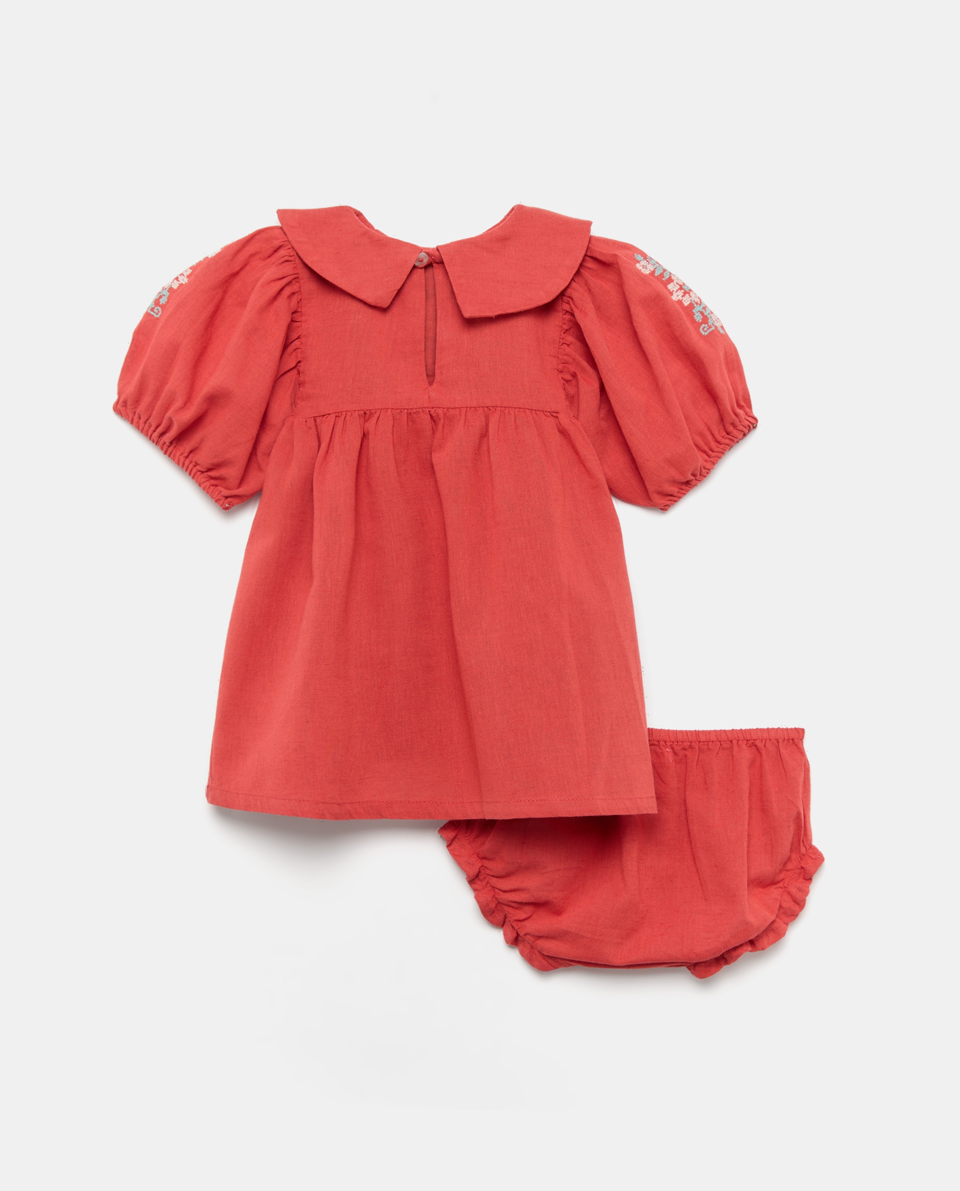 Vestido bebé niña de lino con bordados en el cuello 610 Carmín-2