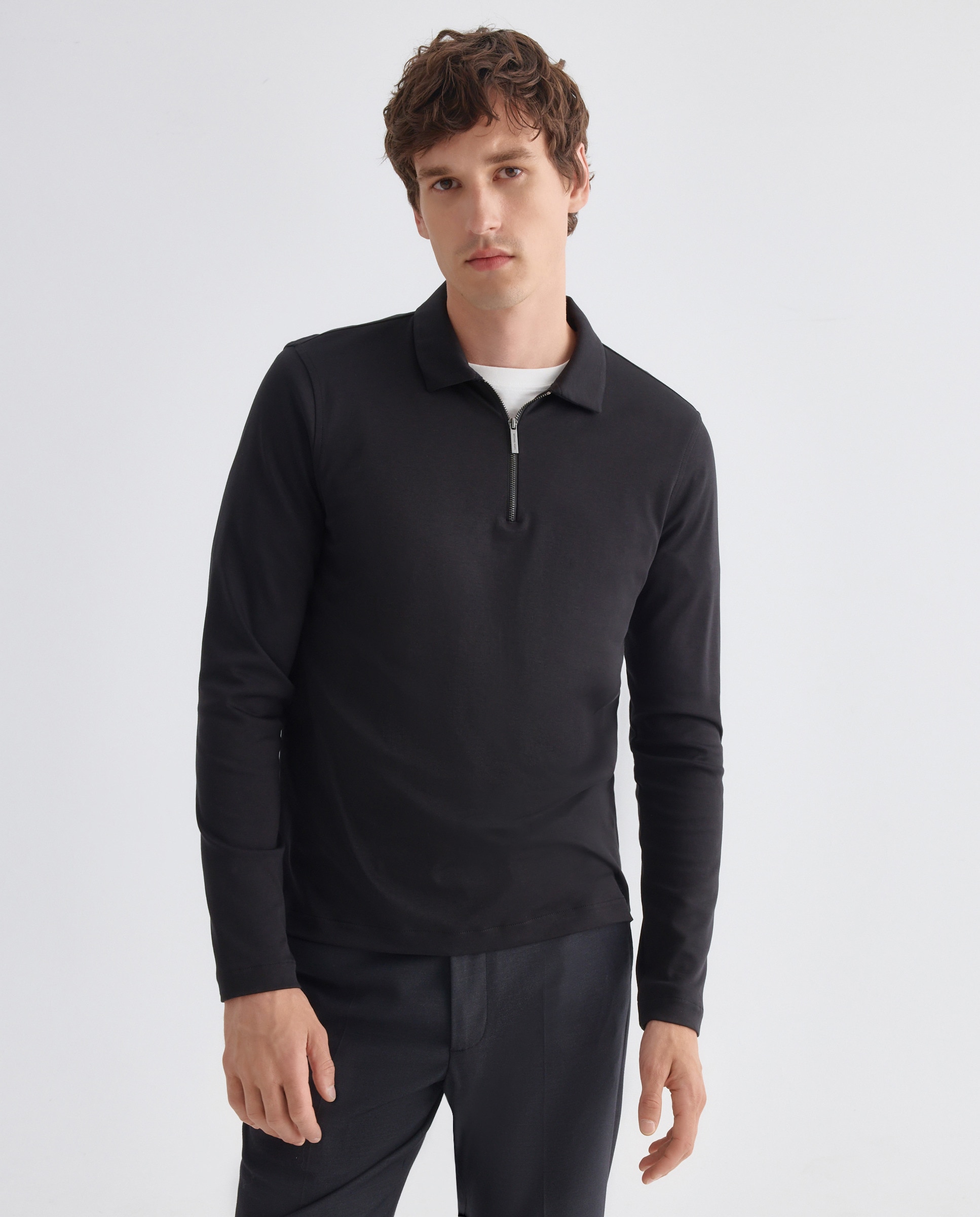 Polo de Manga Comprida em Interlock com Fecho de Correr Preto-1
