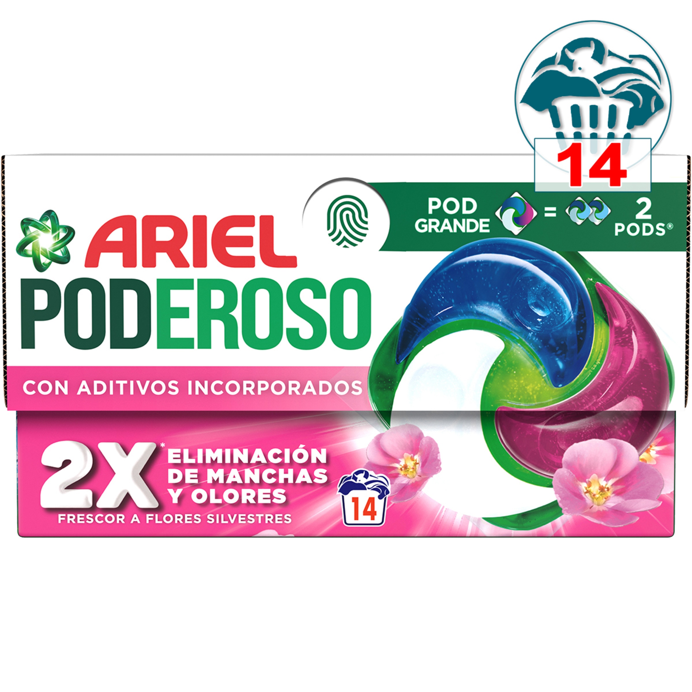 detergente cápsulas Poderoso Frescor a Flores Silvestres Pod grande caja 14 dosis