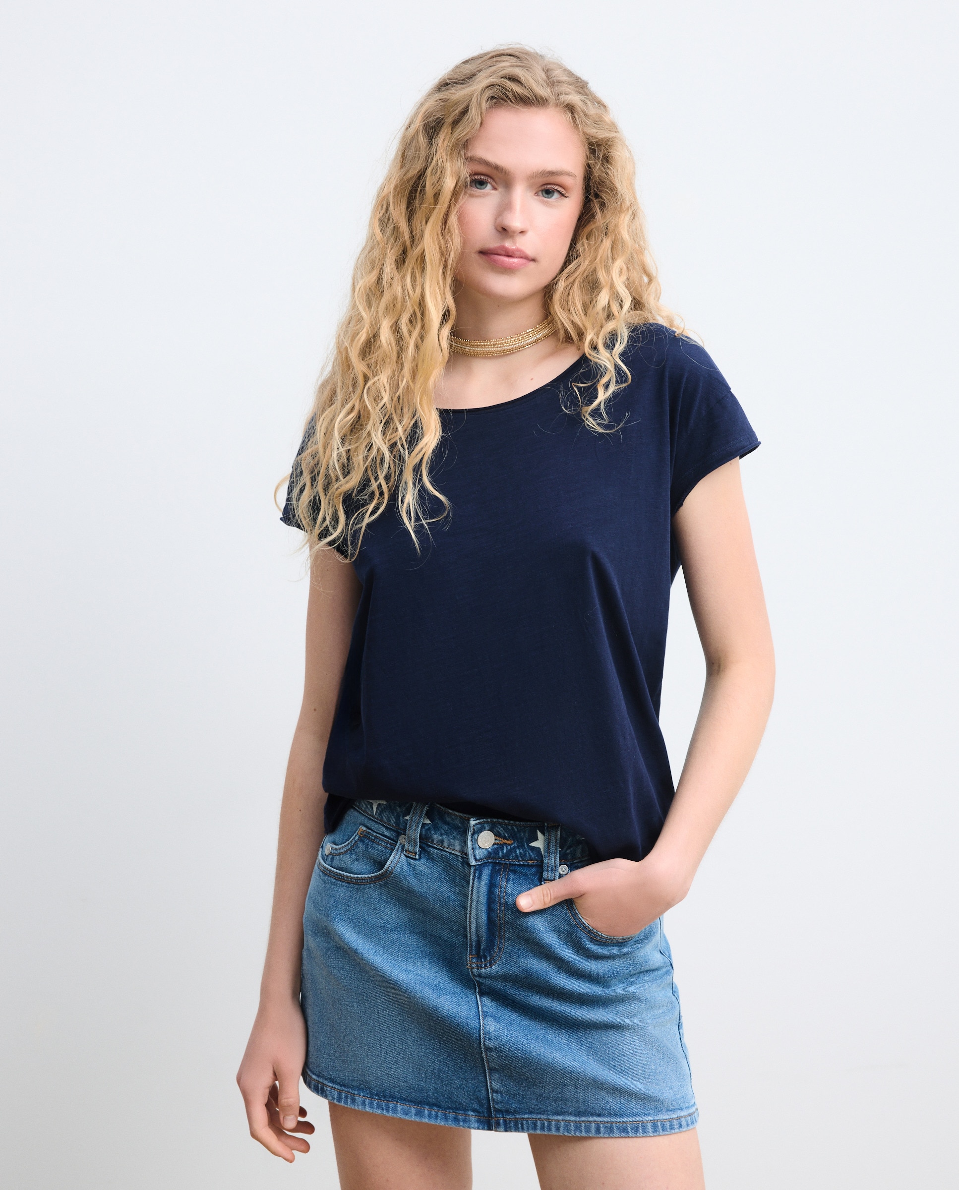 Imagen 0 de Camiseta de mujer con cuello olla lisa flame Azul marino