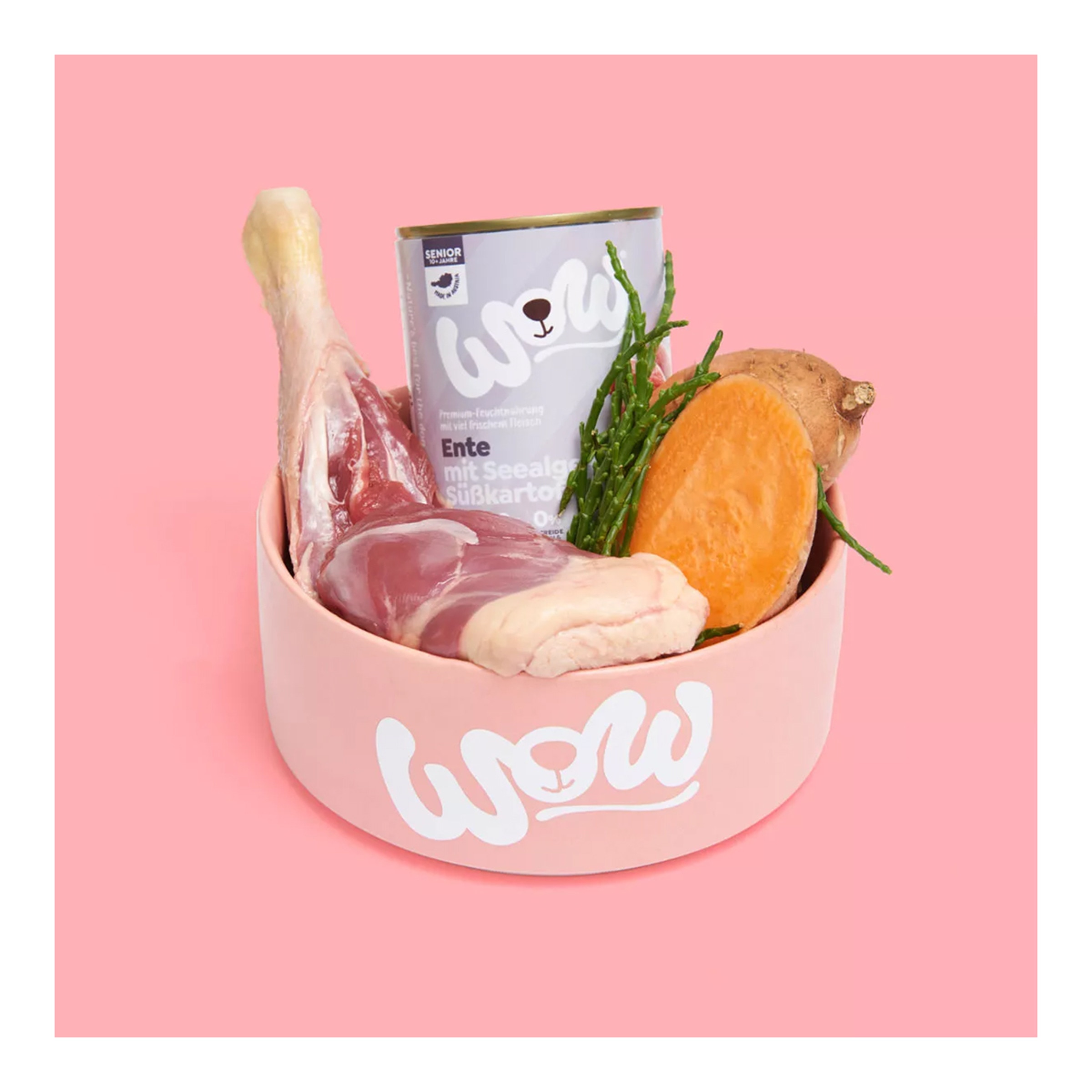 Comida húmeda para perros sénior Wow paté pato, algas marinas y batata 400 g 2