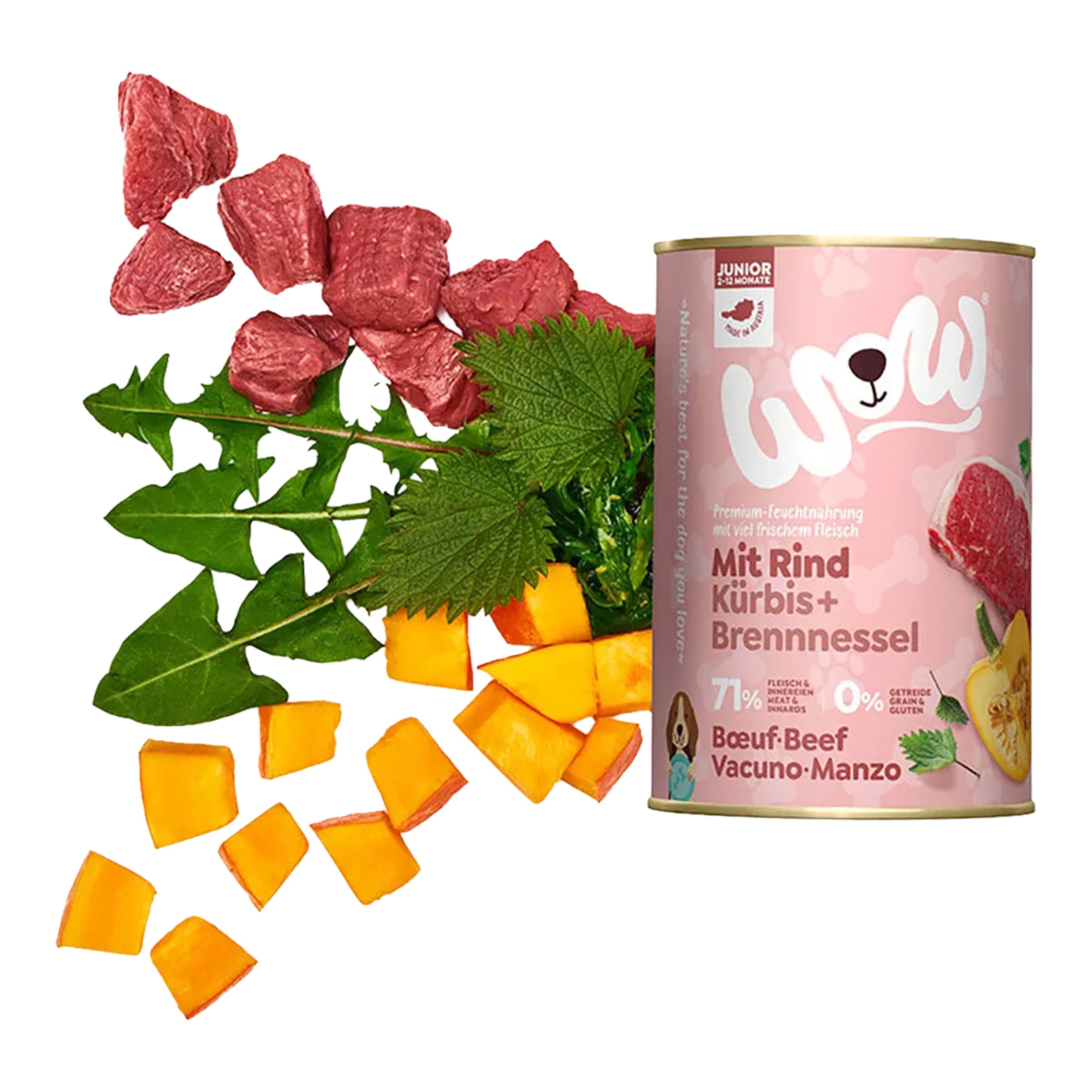 Comida húmeda para perros cachorros Wow paté ternera, calabaza y ortiga 400 g 3
