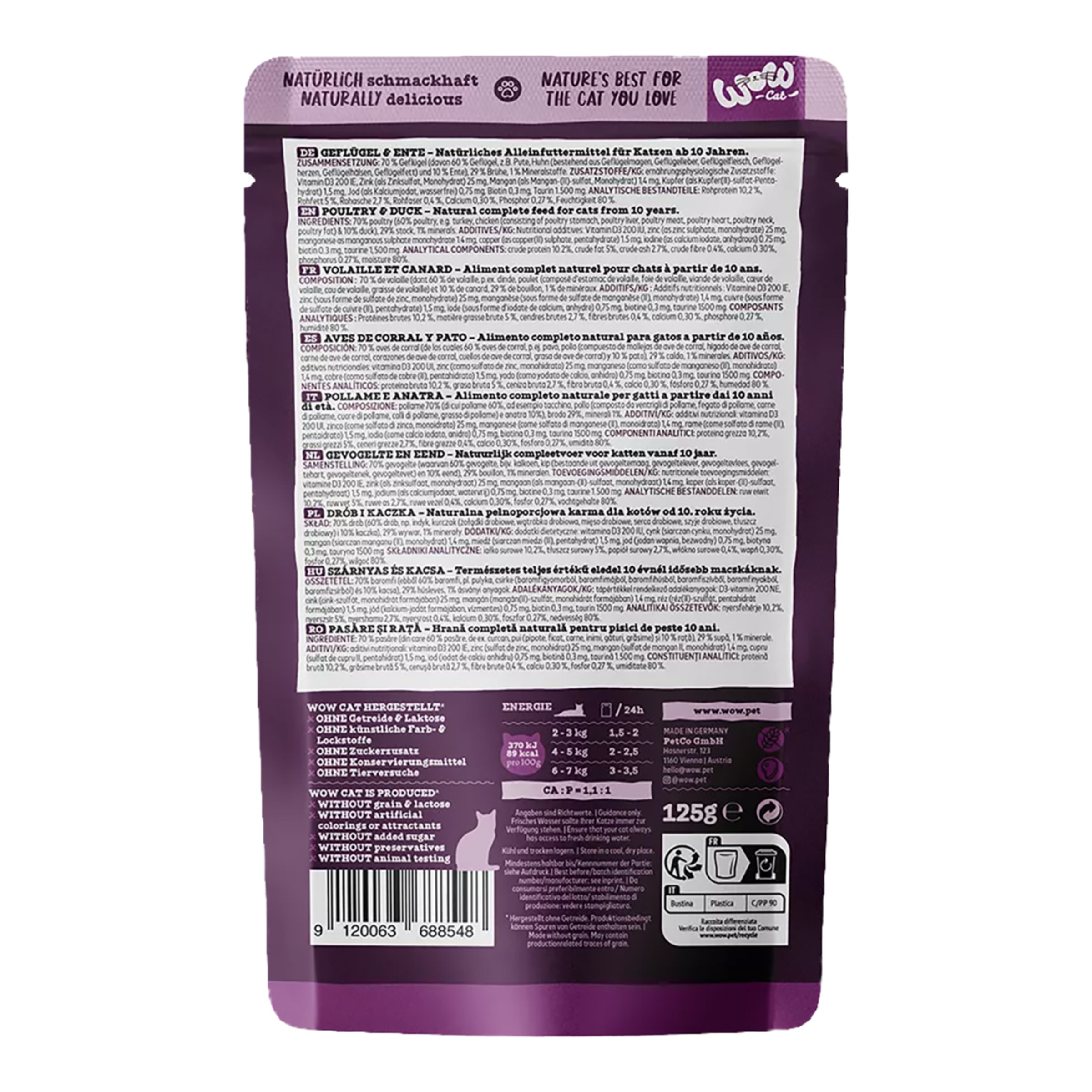 Comida húmeda para gatos sénior Wow aves de corral paté 125 g 2