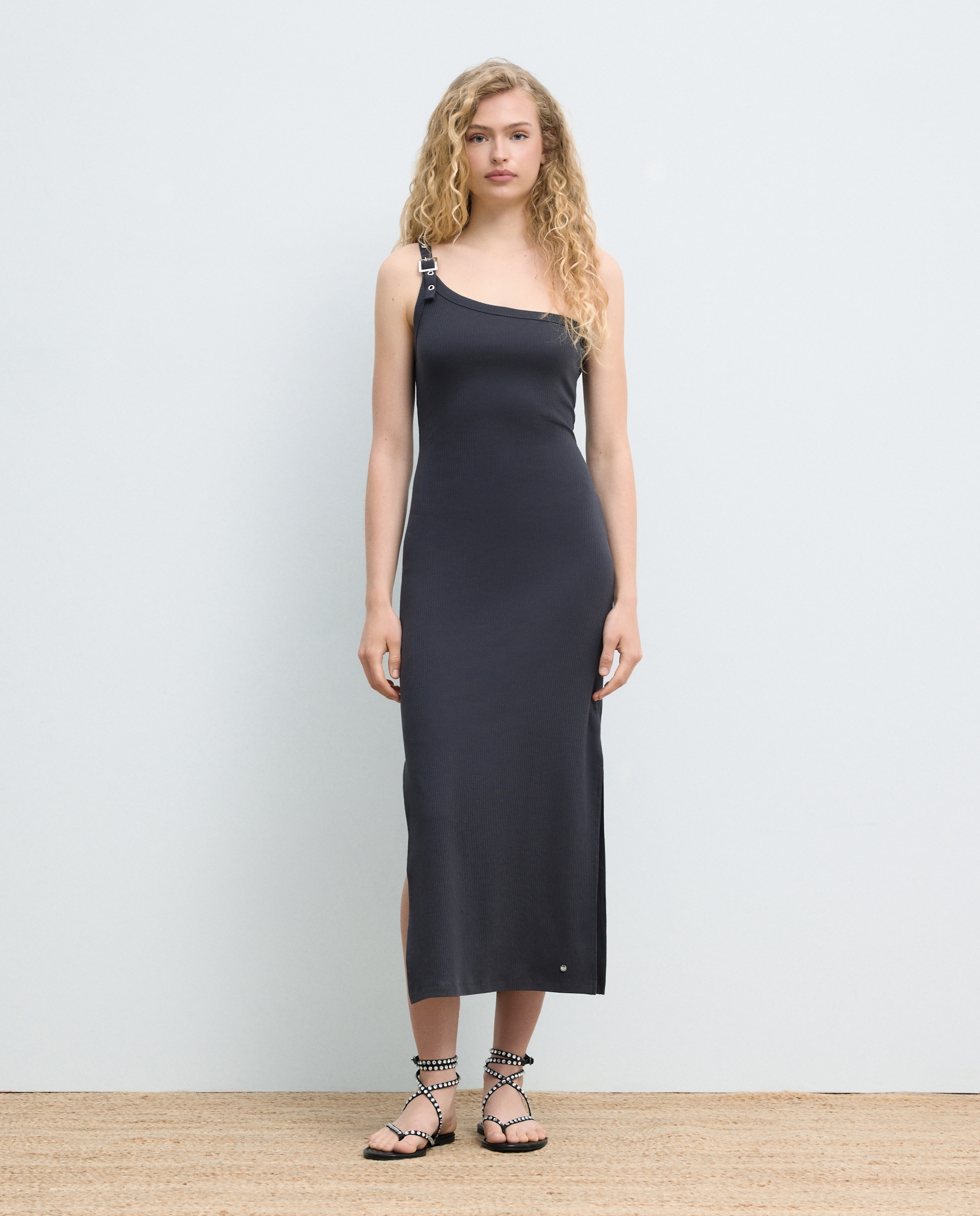 Vestido Comprido Assimétrico com Fivela 830 Antracite-2