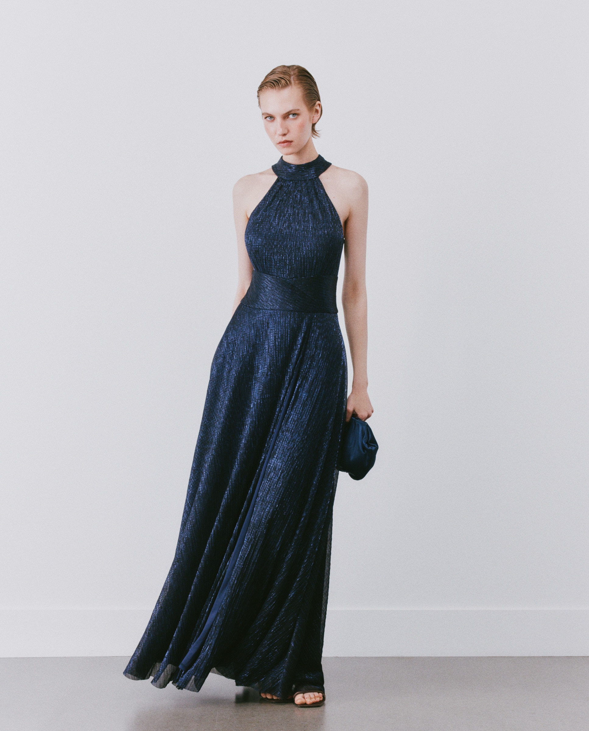 Vestido Comprido de Malha de Fio Metalizado Azul-marinho-2