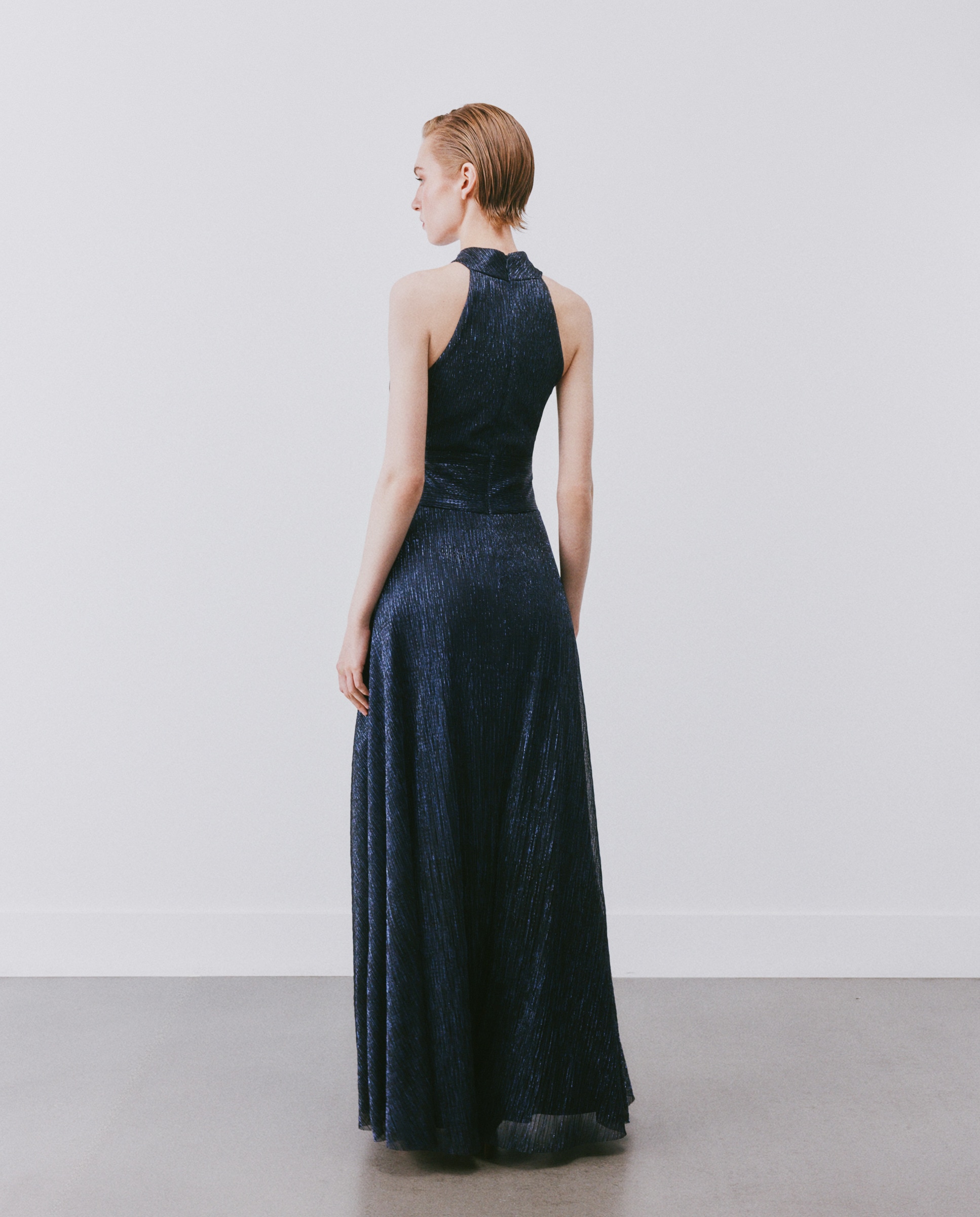 Vestido Comprido de Malha de Fio Metalizado Azul-marinho-3