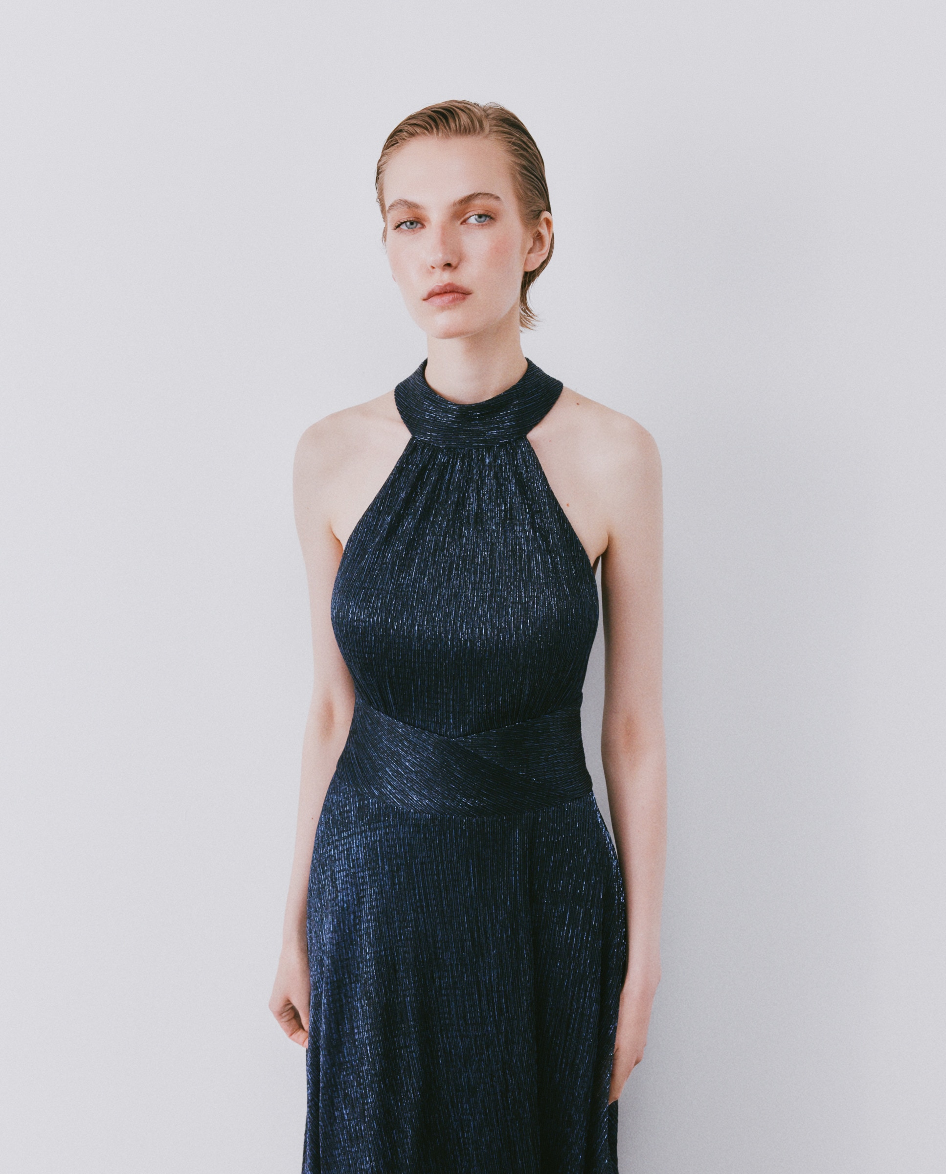 Vestido Comprido de Malha de Fio Metalizado Azul-marinho-1