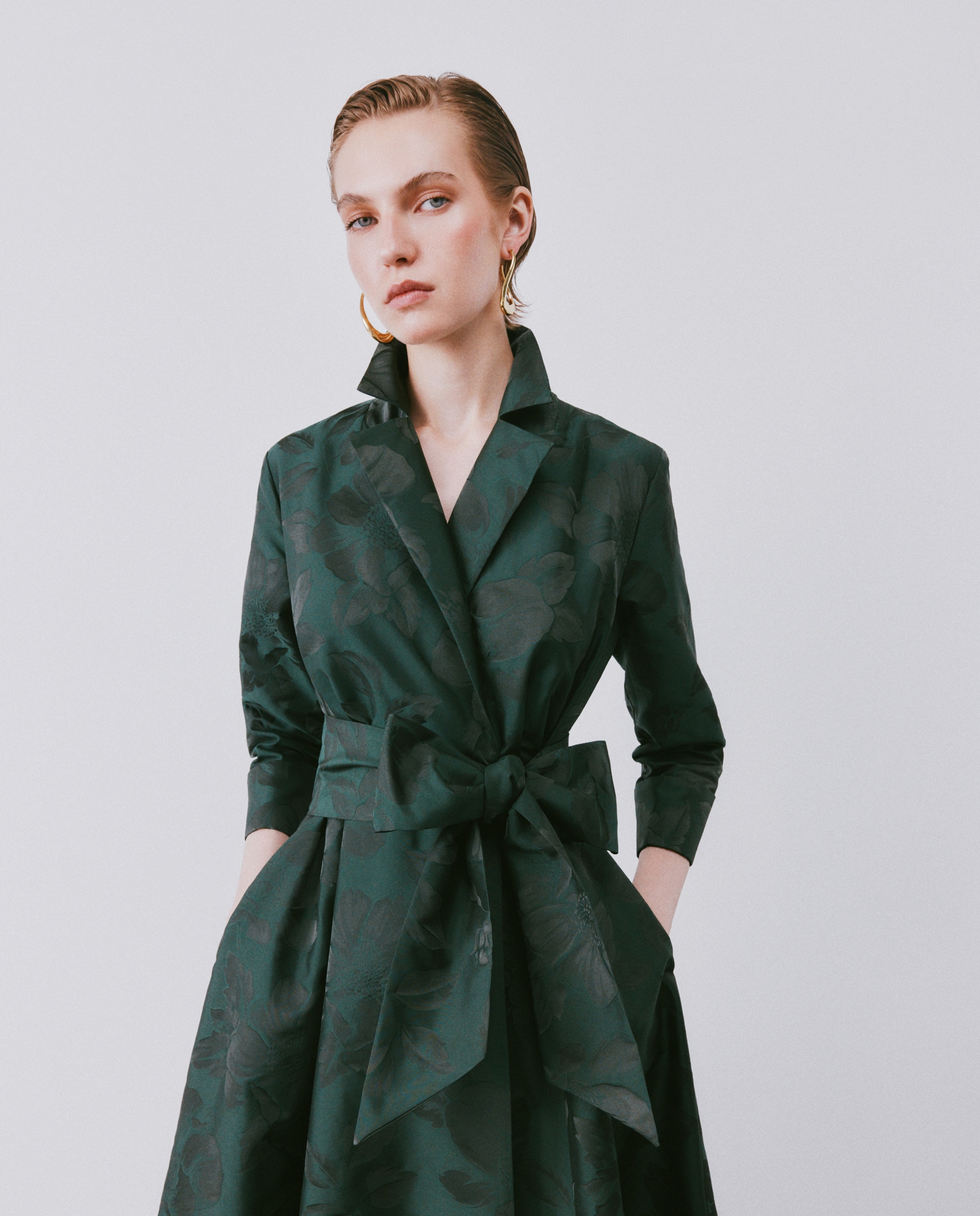 Vestido Comprido com Manga com Pregas Verde-2