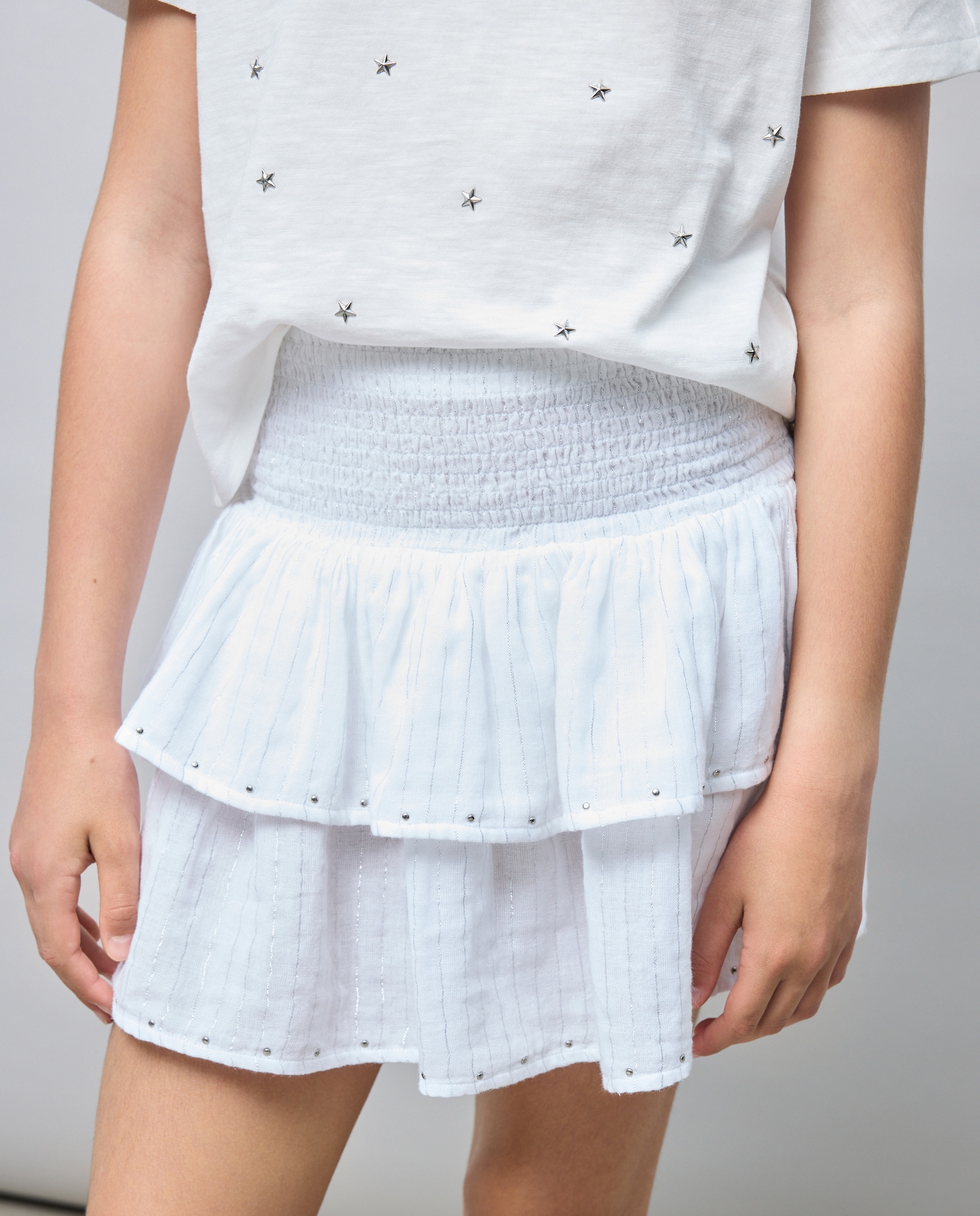 Saia com Folhos e Tacha em Chiffon Duplo com Fio Metalizado Kids El Corte Inglés Branco-marfim-2