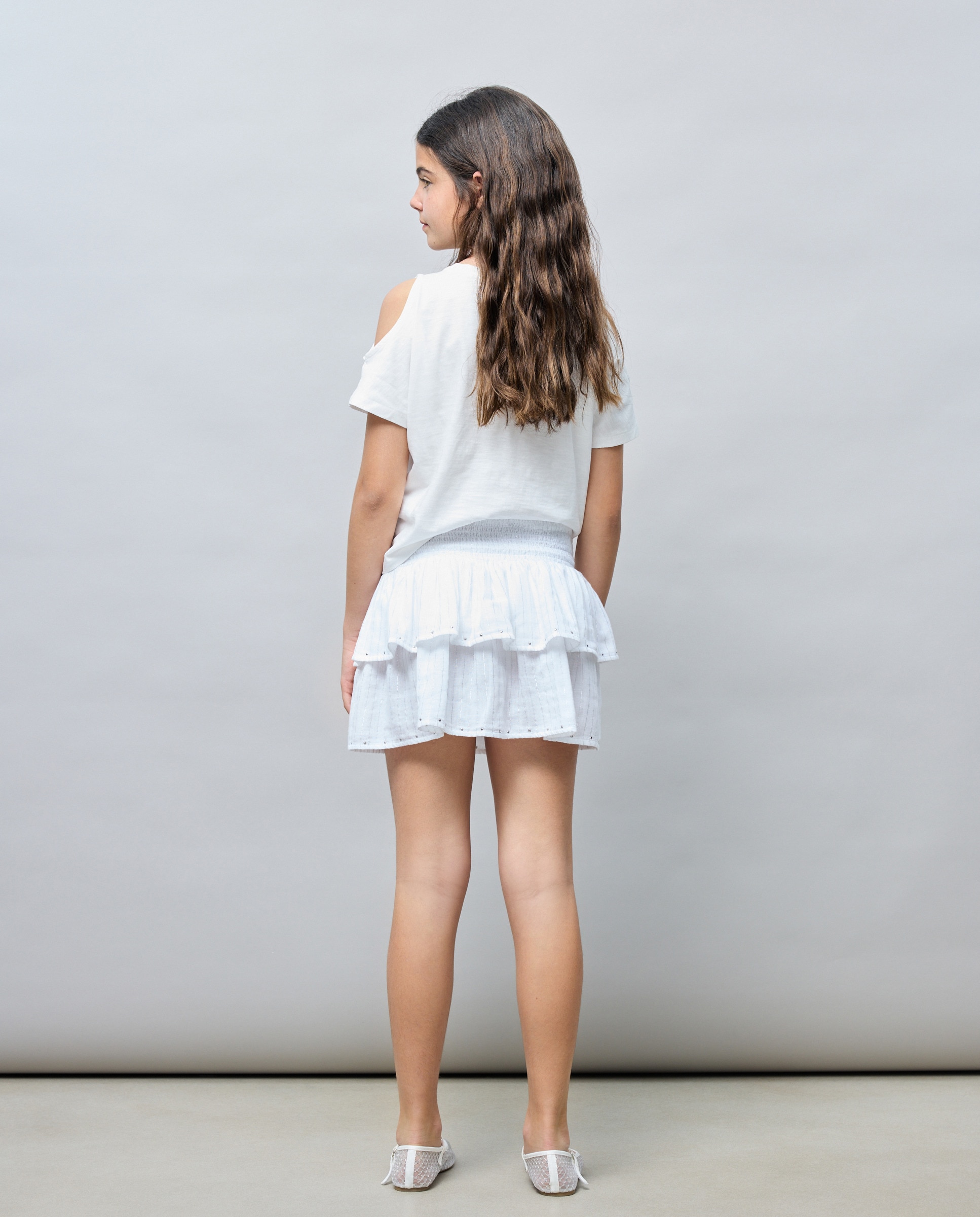 Saia com Folhos e Tacha em Chiffon Duplo com Fio Metalizado Kids El Corte Inglés Branco-marfim-3