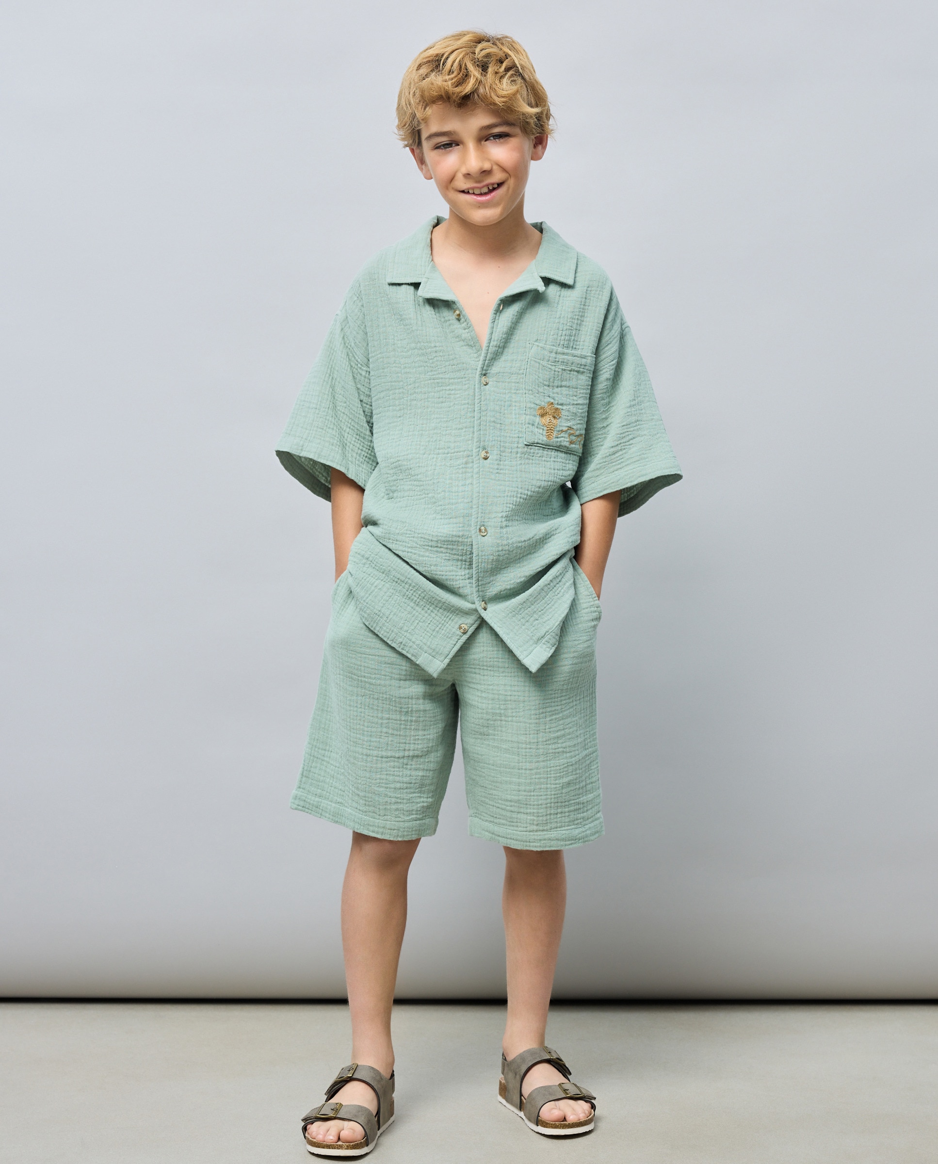 Camisa manga corta cuello mao doble gasa de niño - Kids El Corte Inglés - 582 Verde agua 582 Verde agua-2