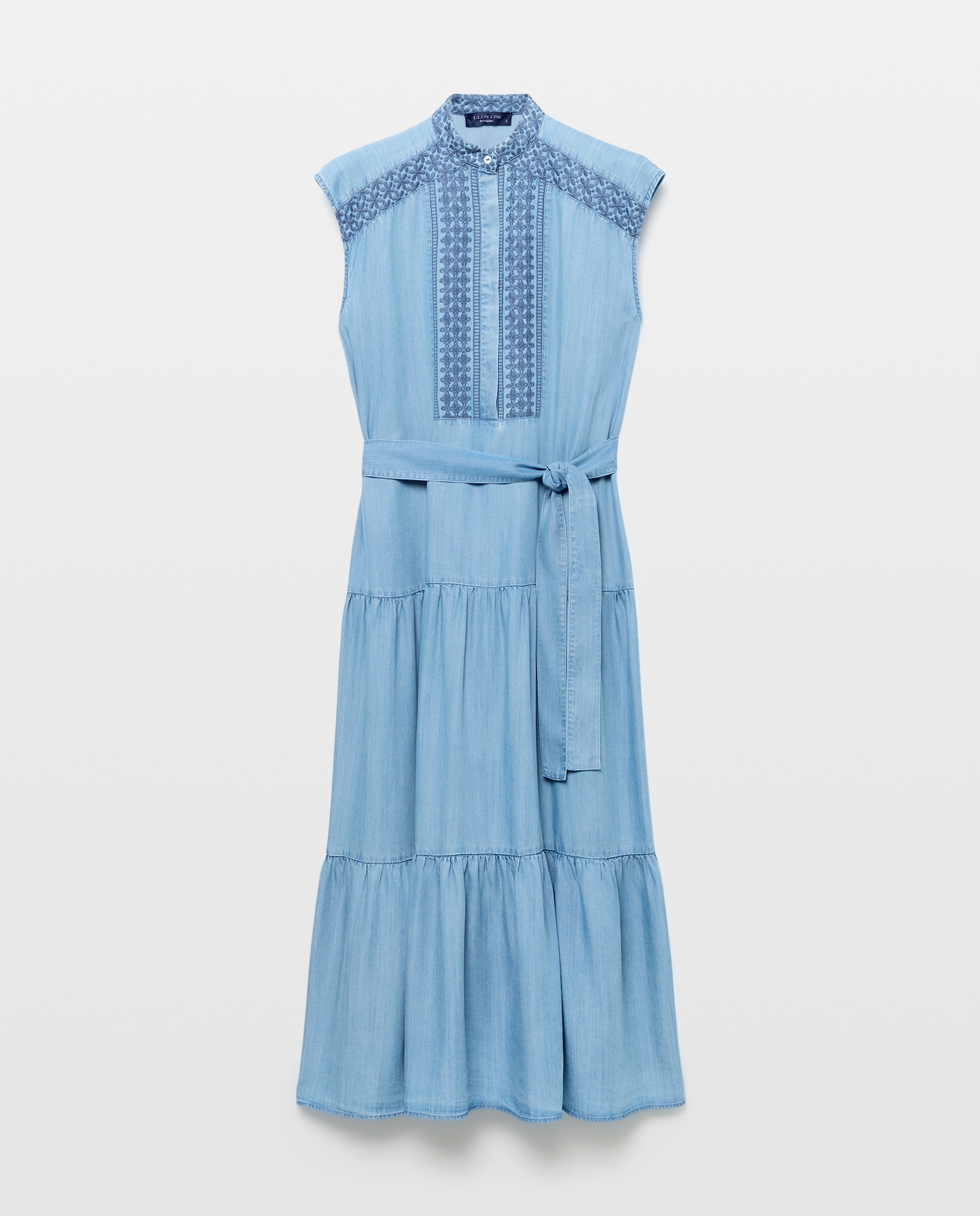 Imagem 0 de Vestido de Ganga sem Mangas e com Gola à Padre e Bordado
