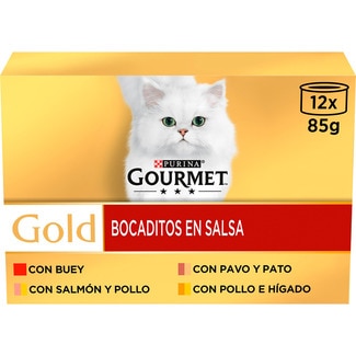 Gold Bocaditos En Salsa comida húmeda para gatos surtido de carnes y pescados 12 latas 85 g - Gourmet