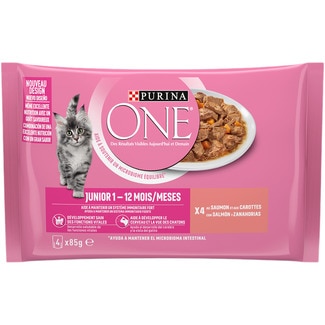 Junior comida húmeda para gatos cachorros con salmón y zanahorias 4 sobres 85 g - Purina One