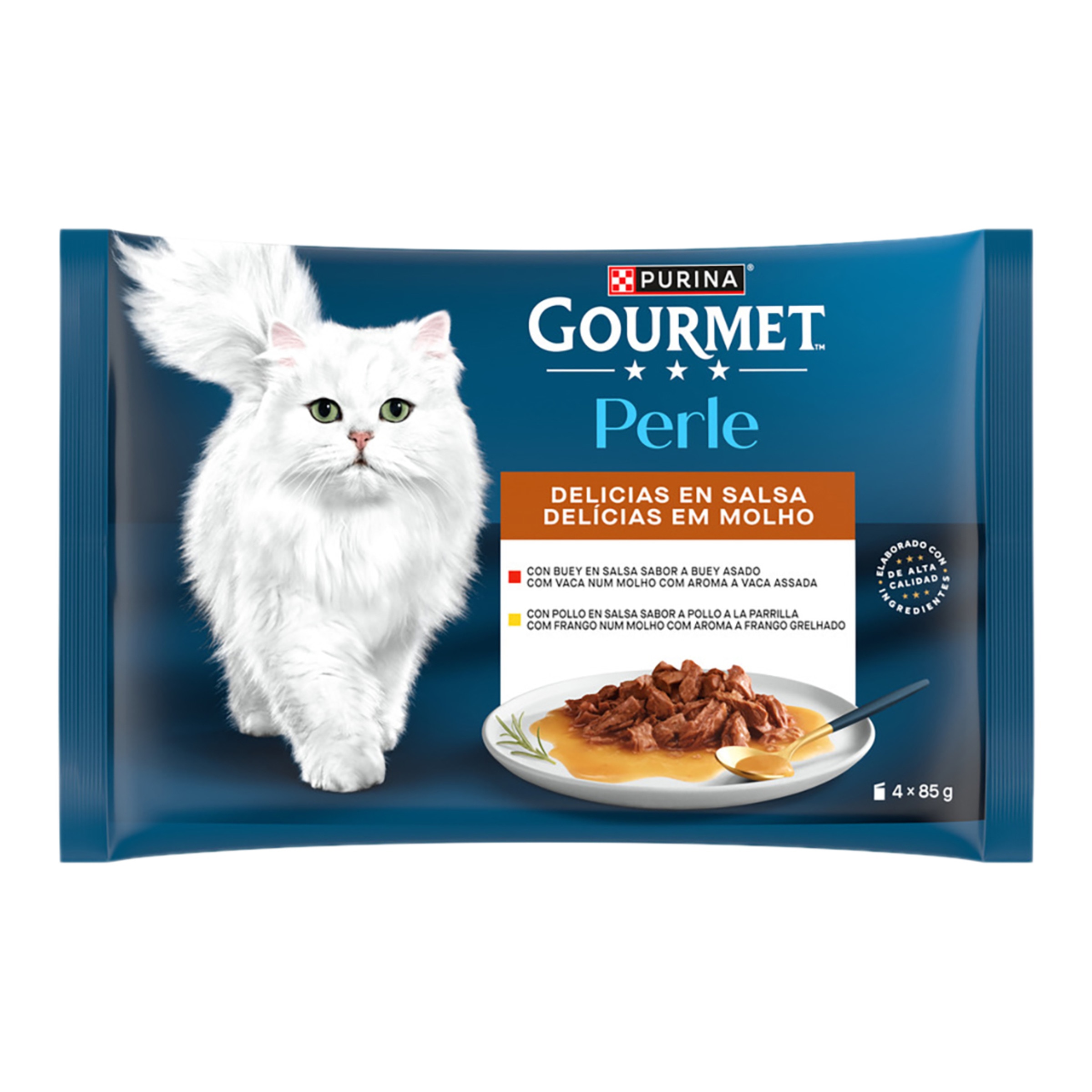 Imagen 0 de Comida húmeda para gatos adultos Gourmet Perle Delicias en salsa pollo y buey 4 x 85 g