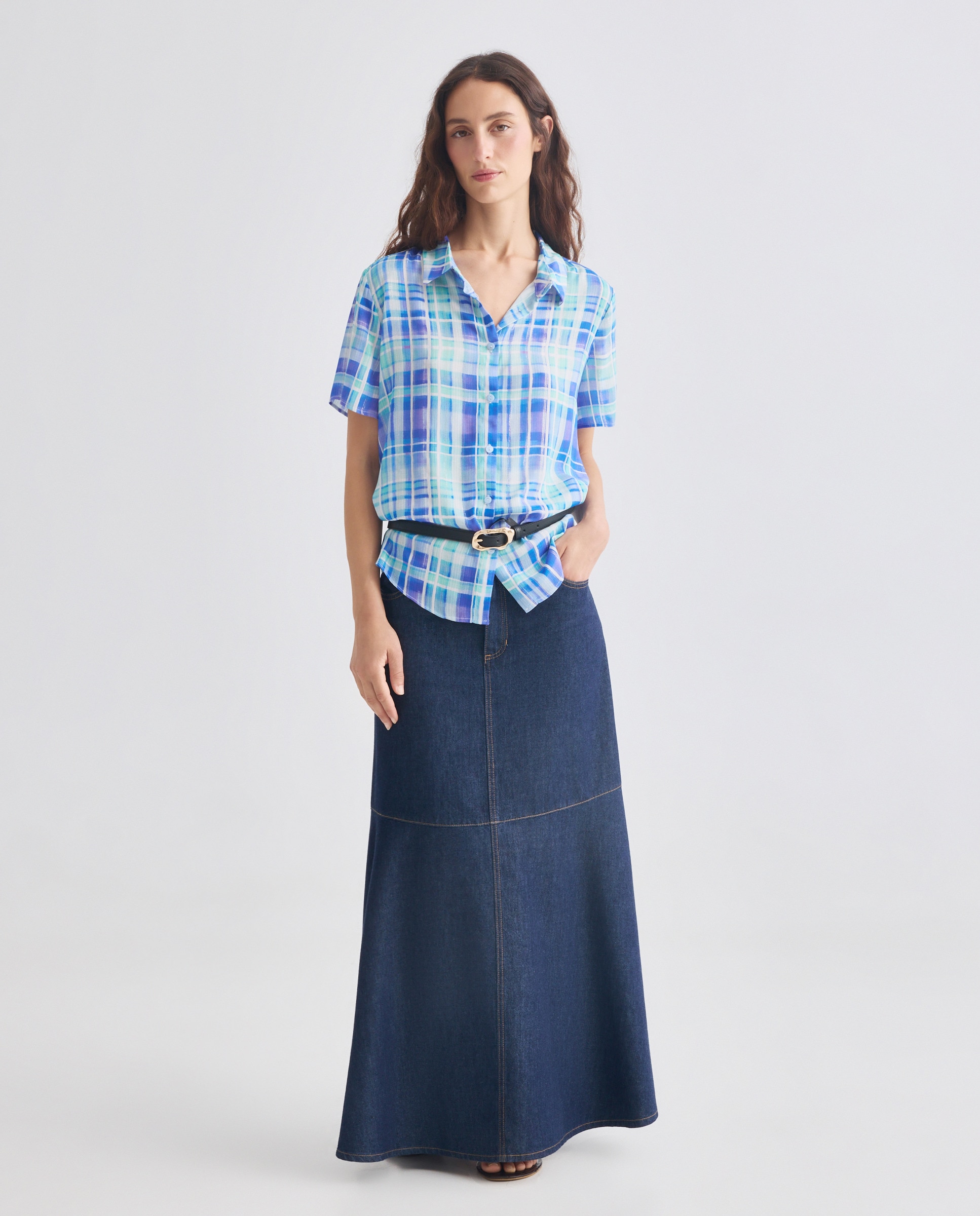 Camisa aos Quadrados com Manga Curta Azul-2