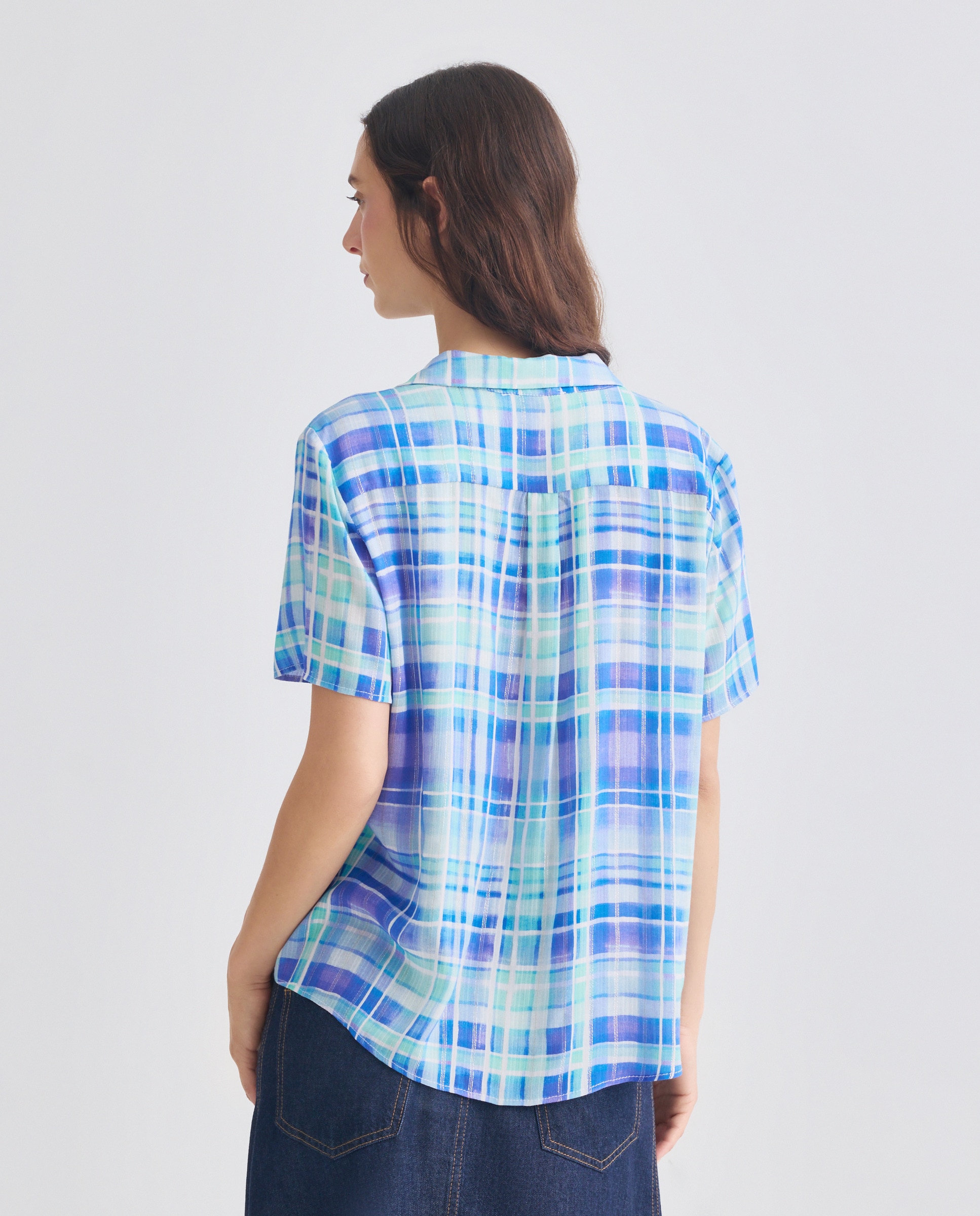 Camisa aos Quadrados com Manga Curta Azul-3