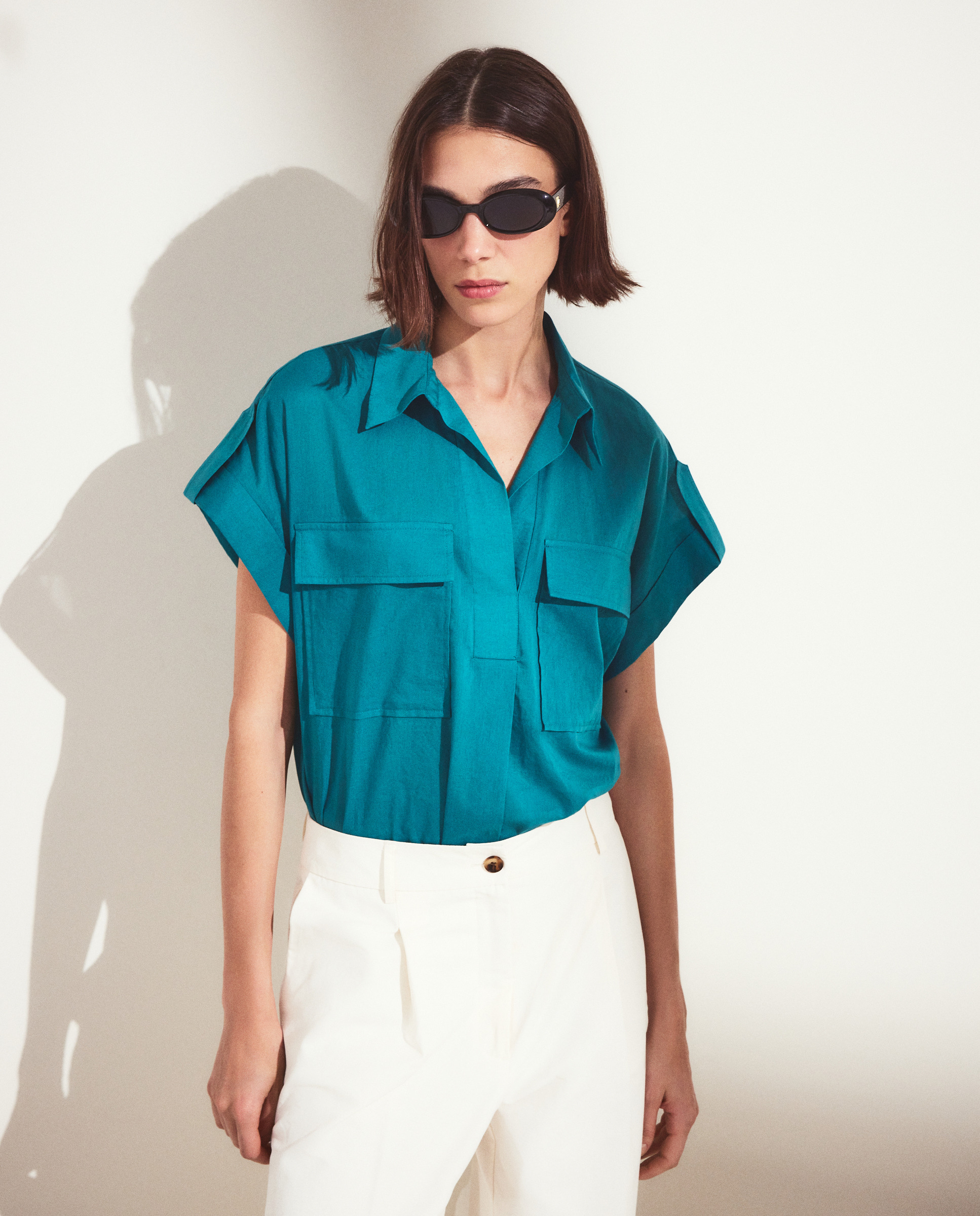Blusa de Manga Curta com Voo 450 Turquesa-1