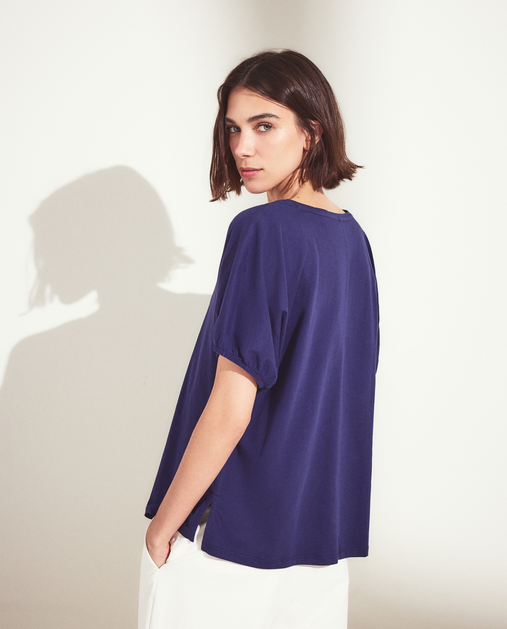 T-shirt de Manga Curta e Decote em Bico com Elástico nas Mangas 400 Azul-2