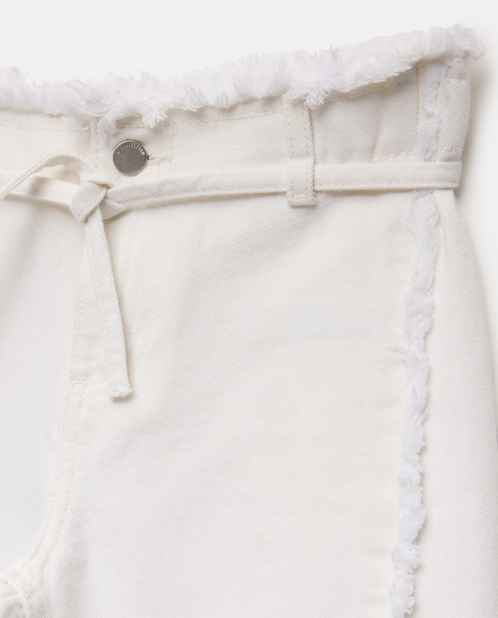 Calças de Sarja Wide Leg com Peça Lateral Triangular e Cós Desfiado Branco-6