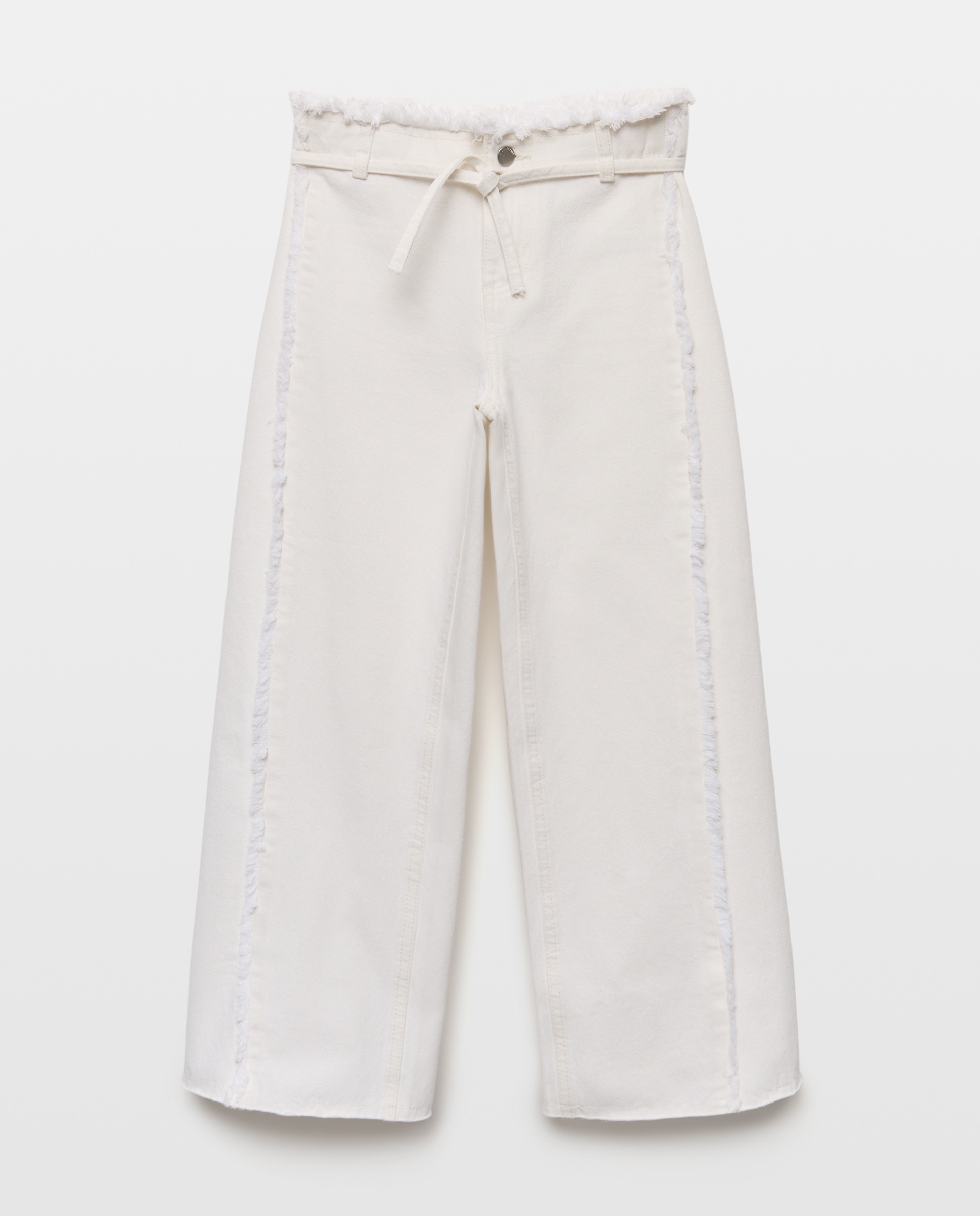 Calças de Sarja Wide Leg com Peça Lateral Triangular e Cós Desfiado Branco-5