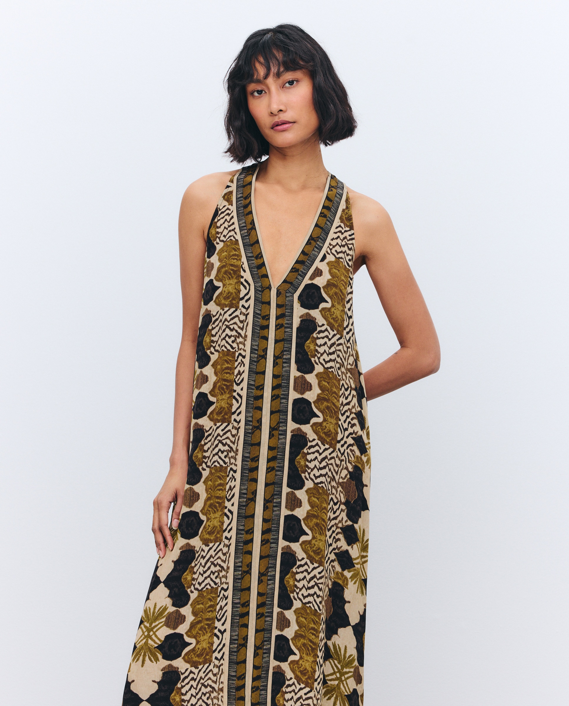 Vestido Estampado sem Mangas Castanho-2