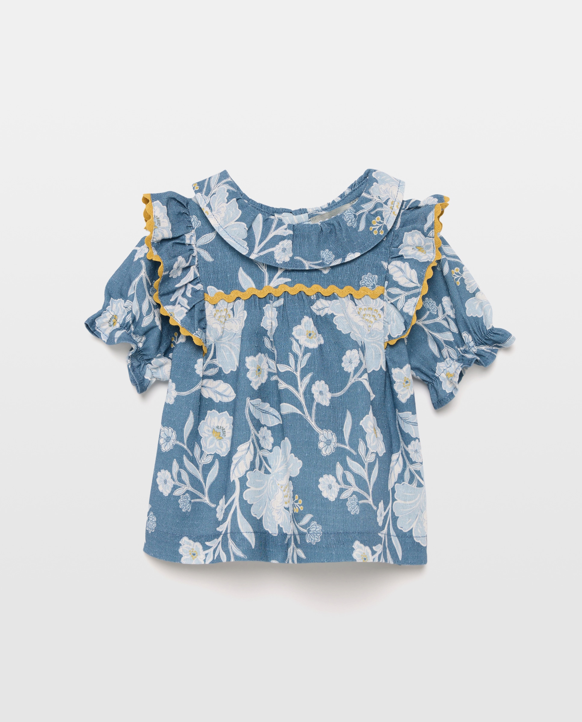 Imagen 0 de Blusa manga corta cuello gola y volante de bebé Azul