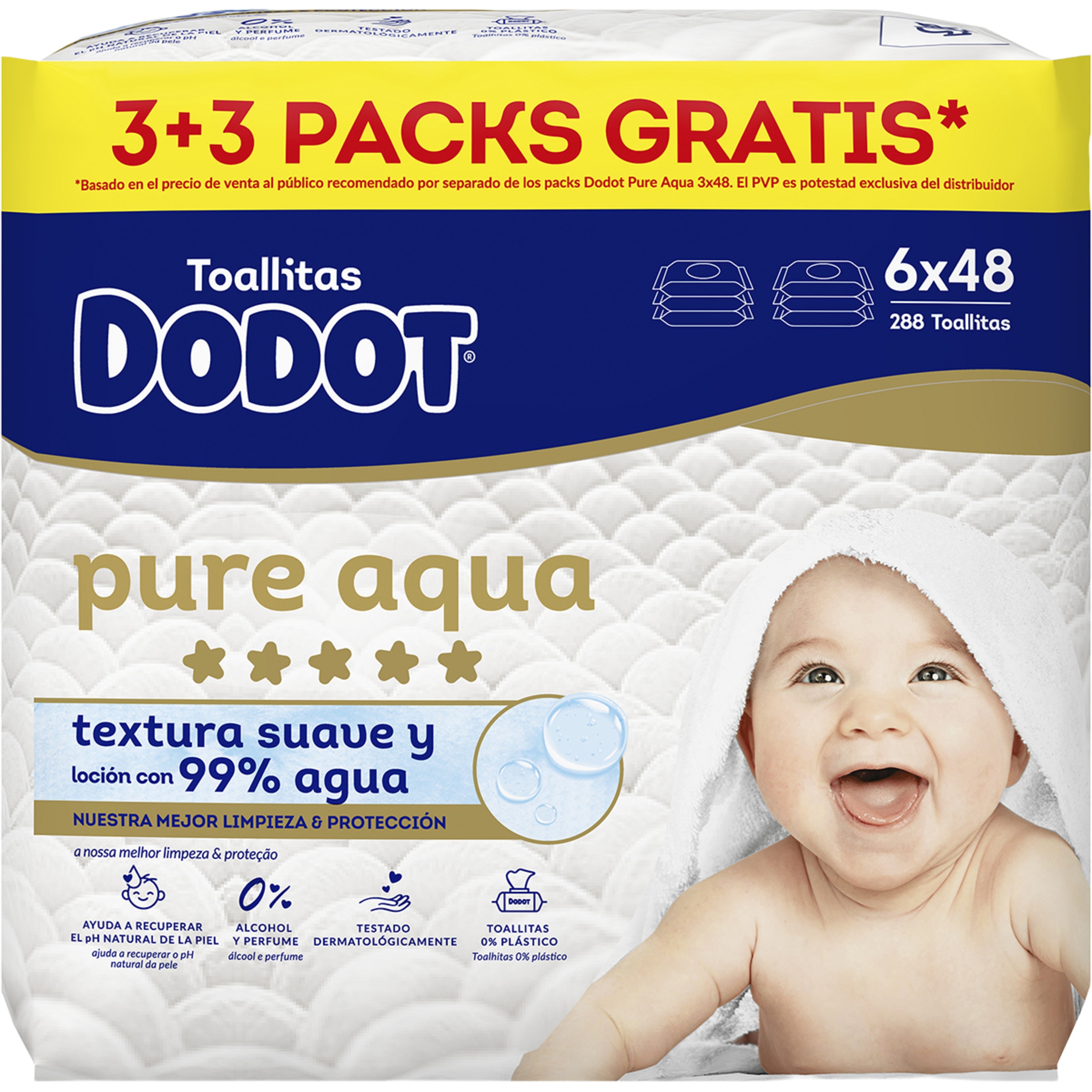 toallitas infantiles Aqua Pure con algodón pack 6 paquetes 48 unidades 0% perfume, alcohol y plástico