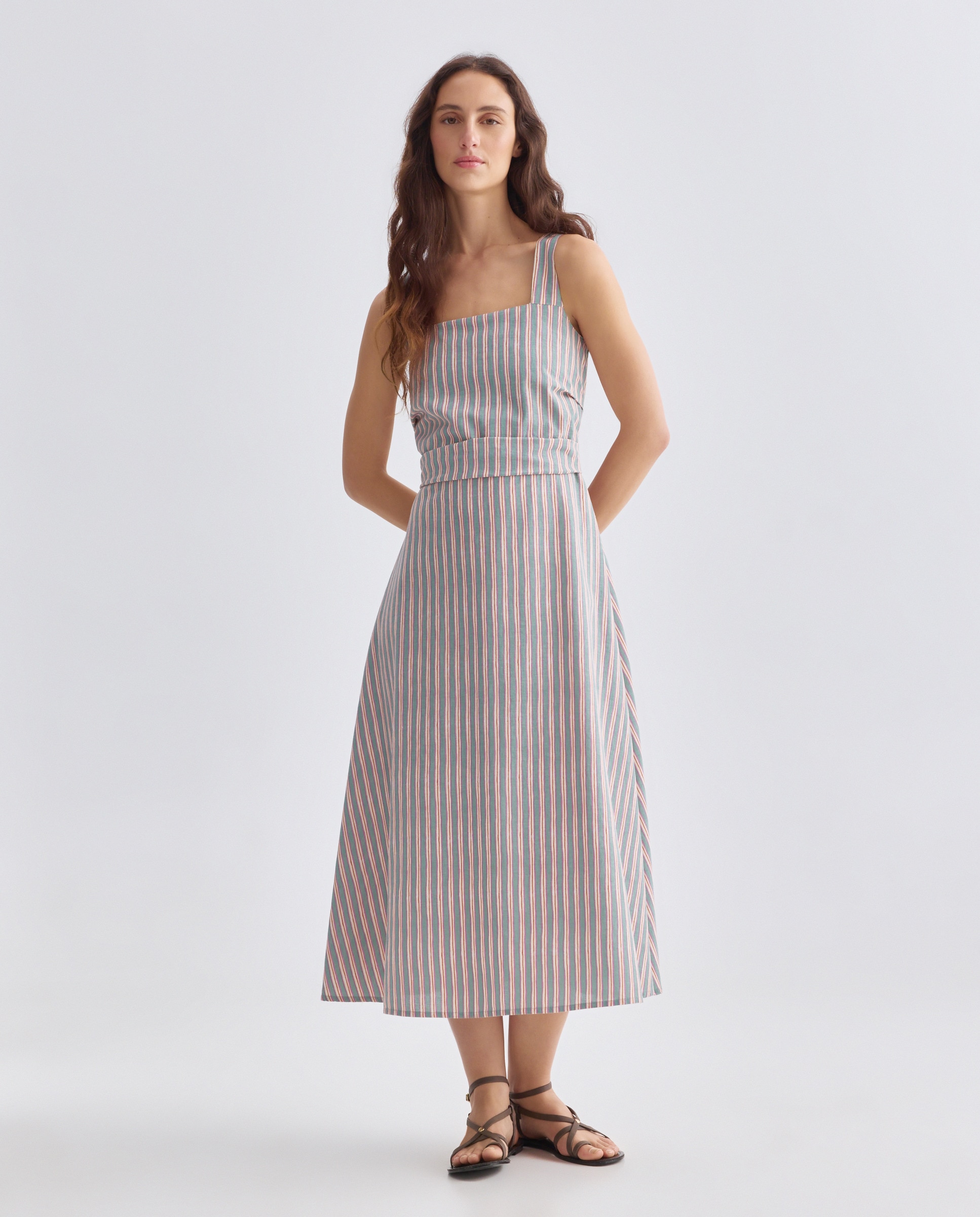 Vestido de mujer de rayas con lino Verde-1
