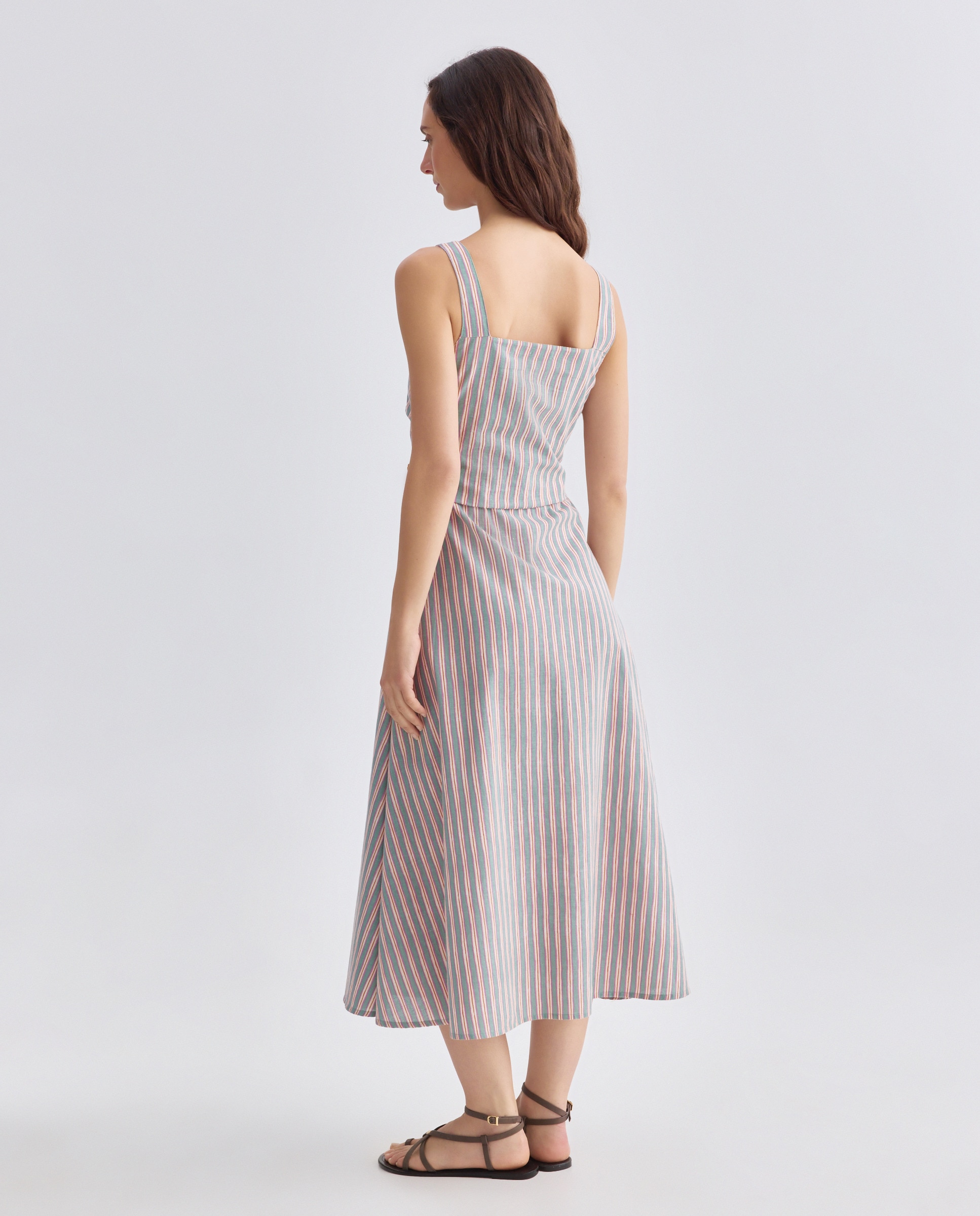 Vestido de mujer de rayas con lino Verde-2