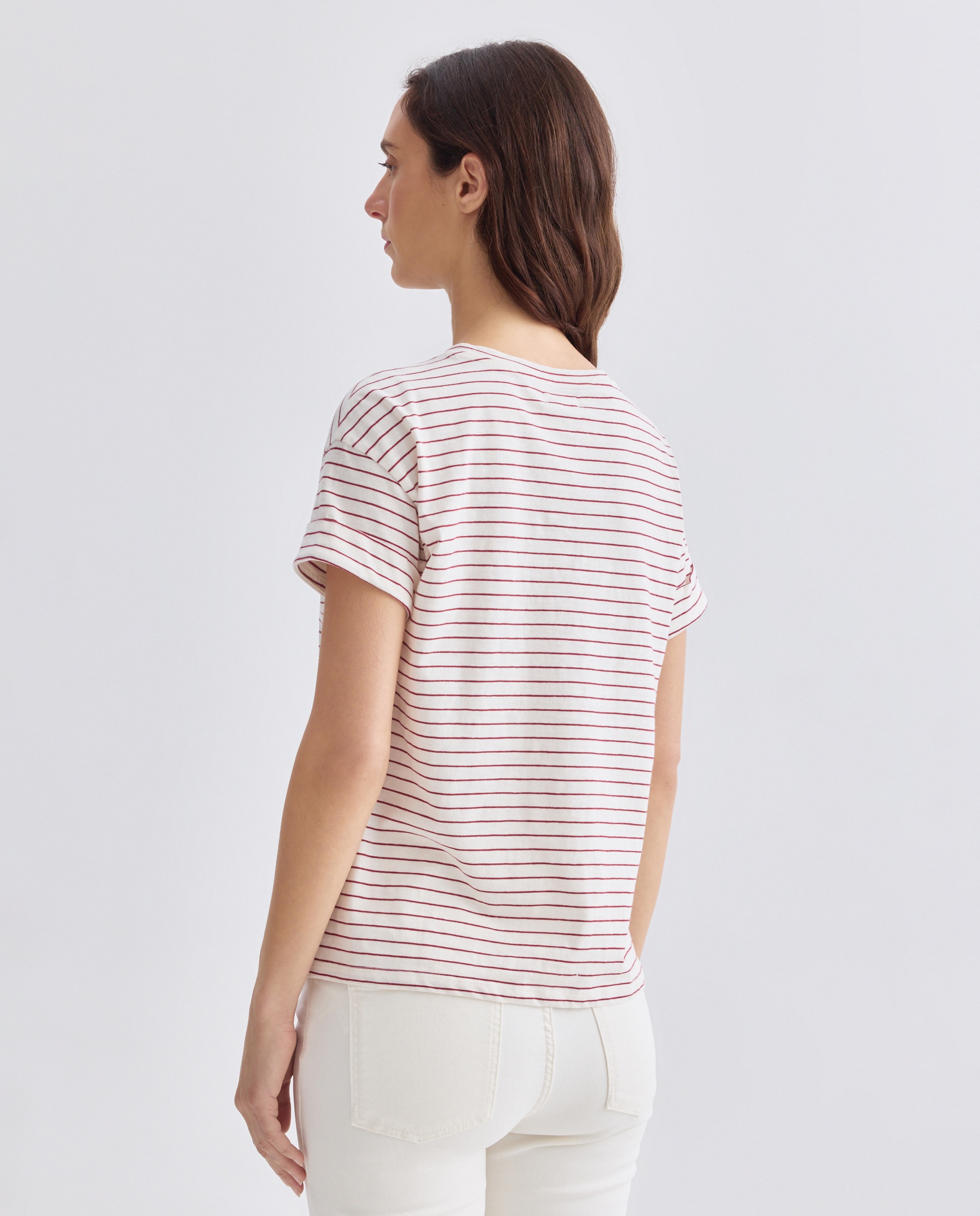 Camiseta básica de mujer cuello caja de rayas Rojo-3