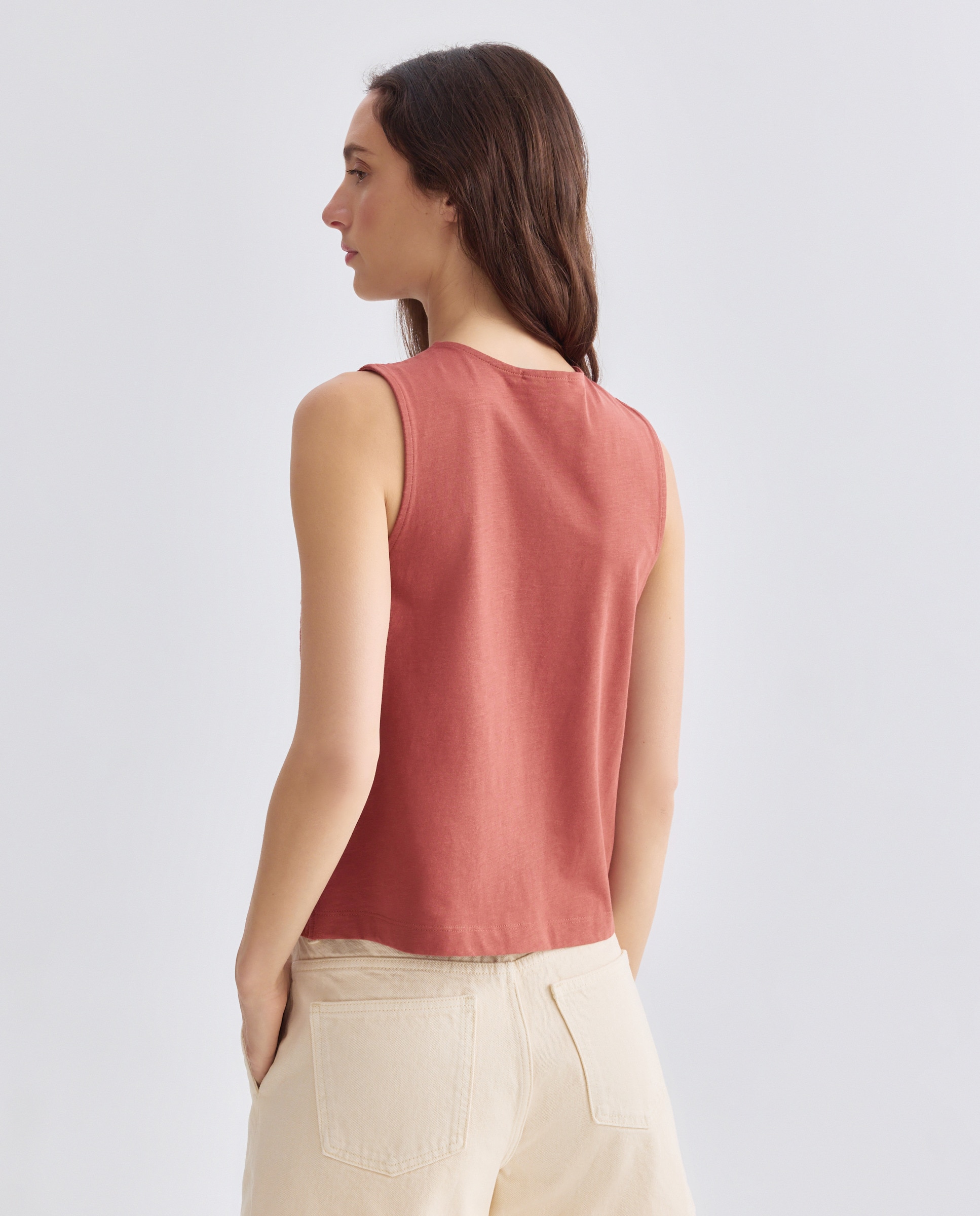 Camiseta sin mangas de mujer calado frontal y abotonada Naranja quemado-3