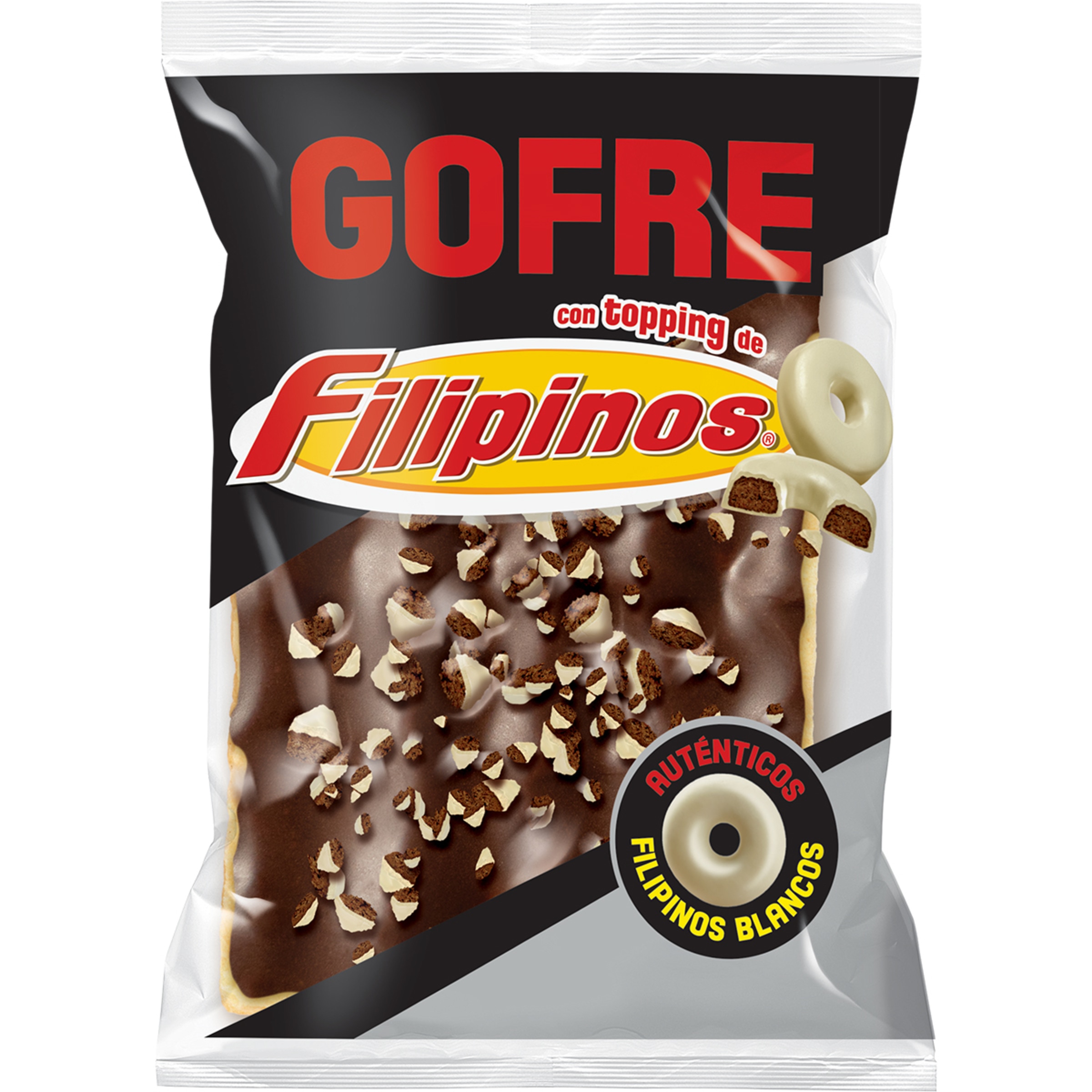 gofres cubiertos de chocolate negro con topping de filipinos envase 100 g